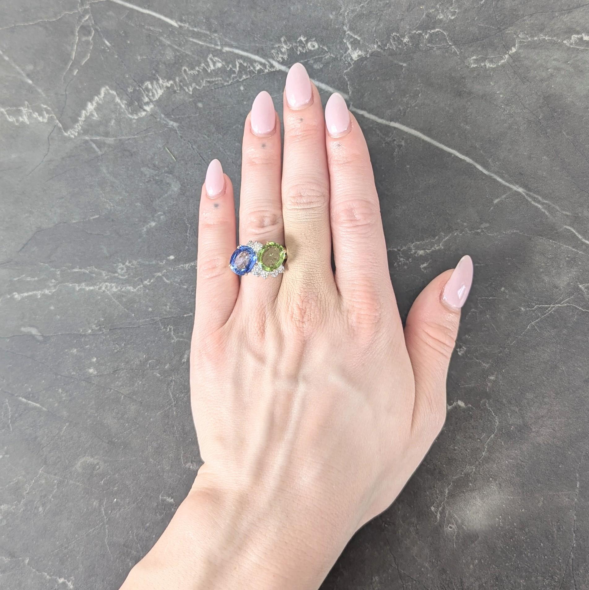 Oscar Heyman Sapphire Peridot Diamond Platinum 18K Gold Vintage Toi-Et-Moi Ring