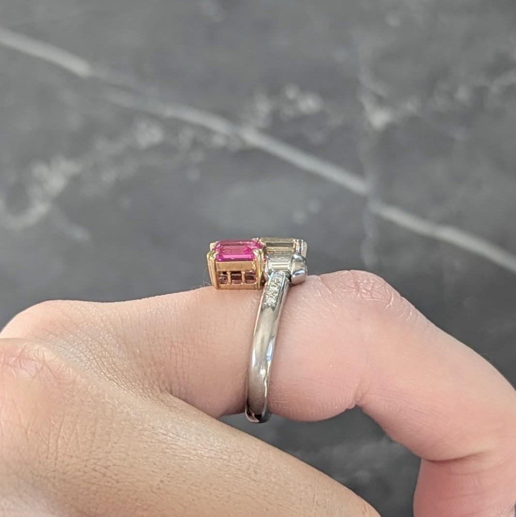2000's Pink Sapphire Fancy Yellow Diamond Ruby Platinum 18K Gold Toi-Et-Moi Ring