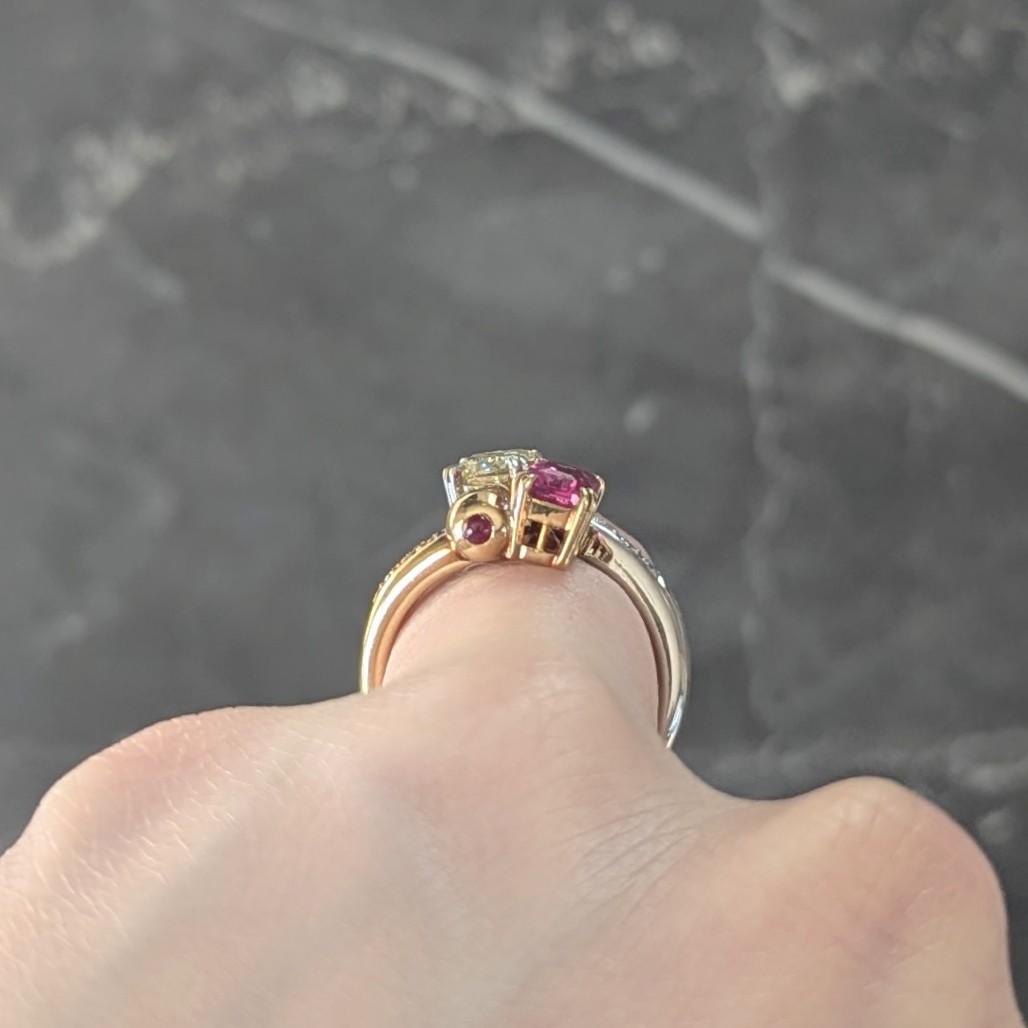 2000's Pink Sapphire Fancy Yellow Diamond Ruby Platinum 18K Gold Toi-Et-Moi Ring