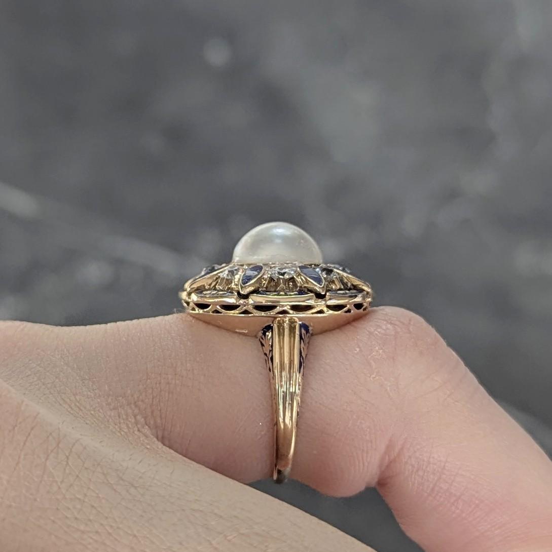 Victorian Revival Pearl Diamond Enamel 14 Karat Gold Vintage Halo Ring