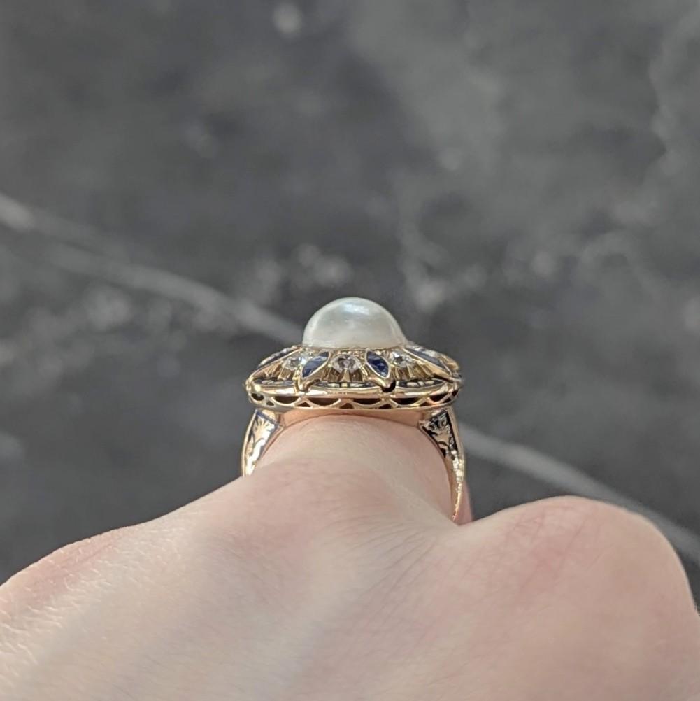 Victorian Revival Pearl Diamond Enamel 14 Karat Gold Vintage Halo Ring