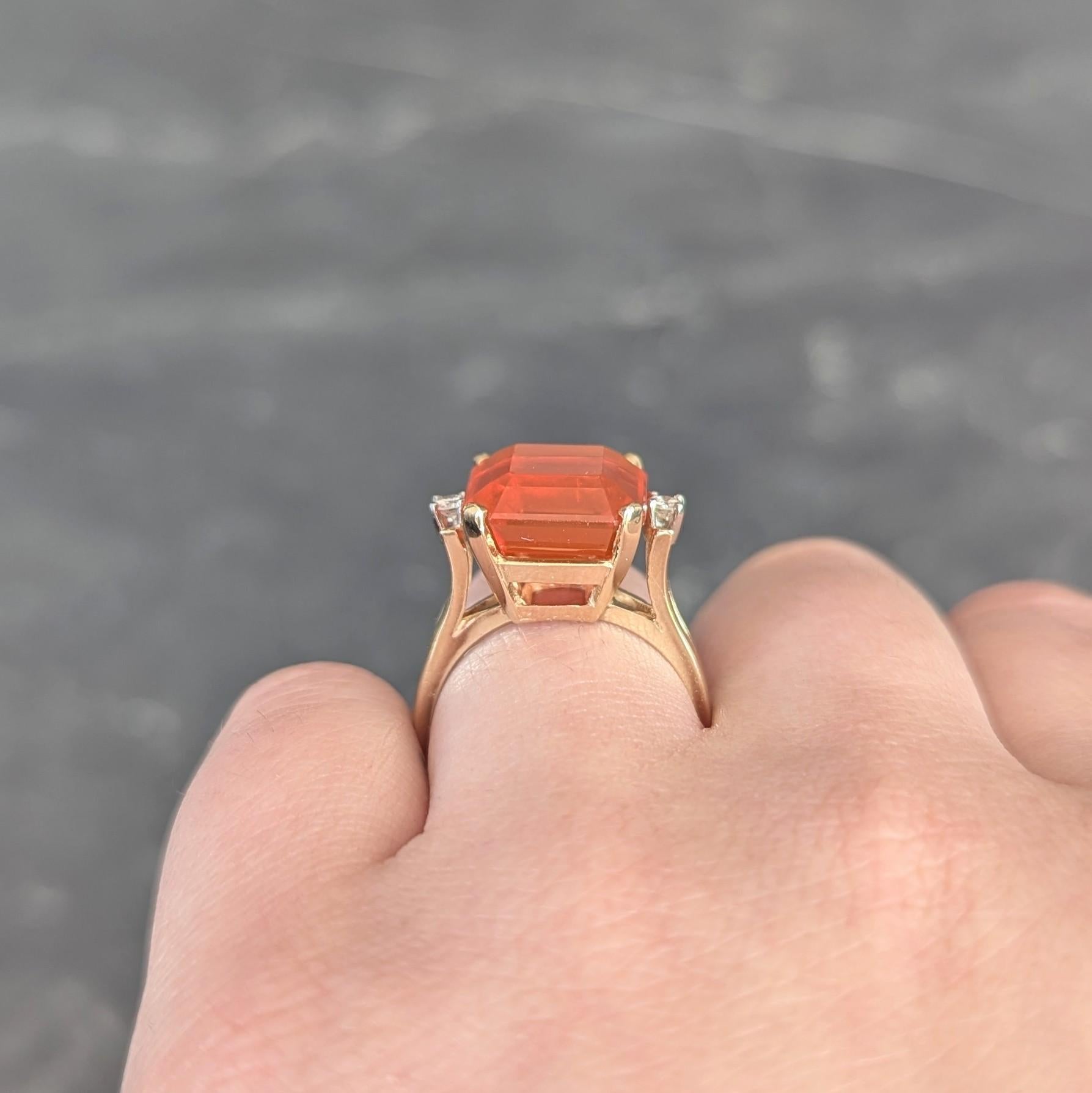 Mid-Century Fire Opal Diamond 14 Karat Two-Tone Gold Vintage Cocktail Ring