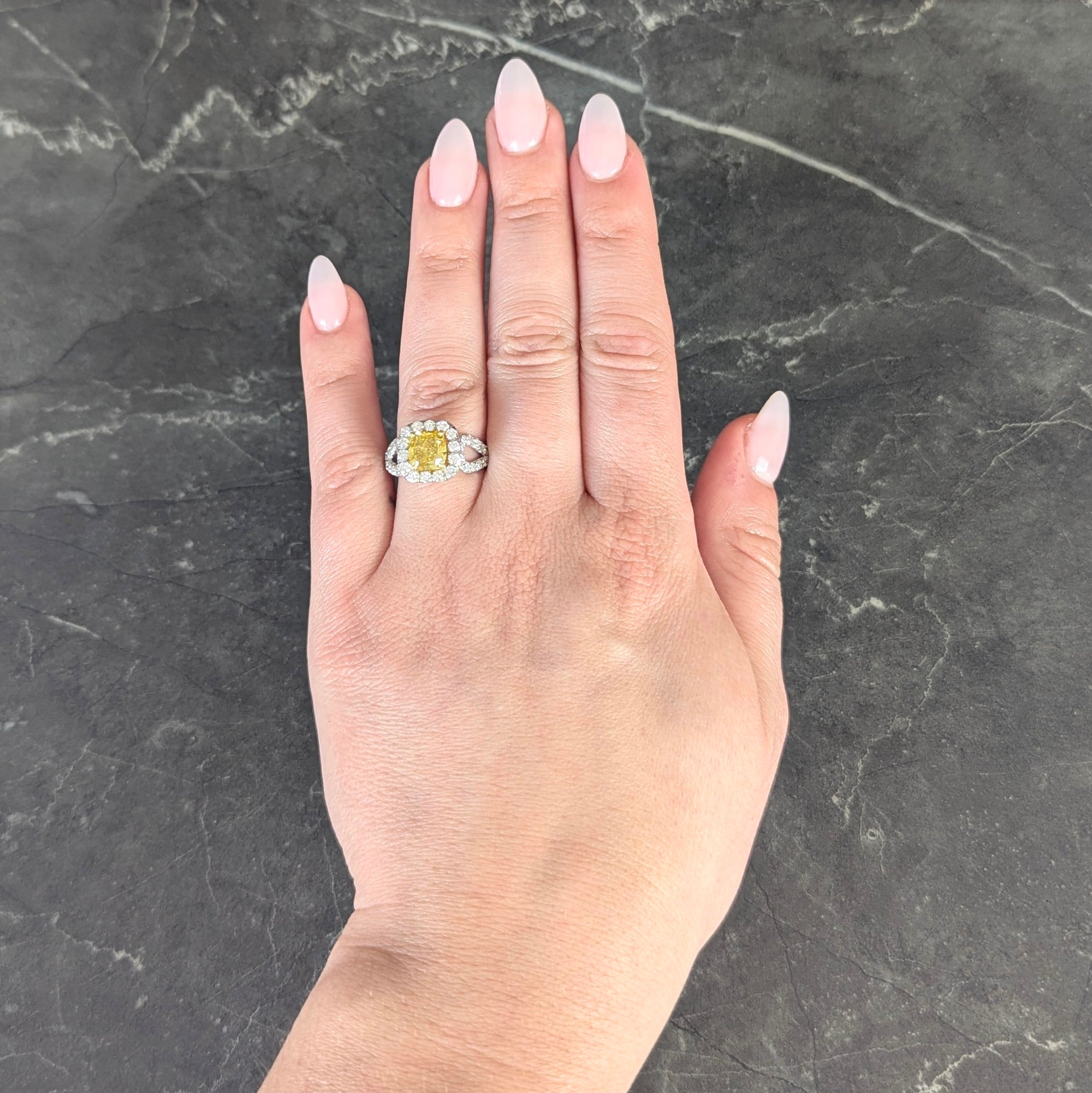 Contemporary 2.79 CTW Fancy Yellow Diamond Platinum 18 Karat Yellow Gold Halo Engagement Ring GIA