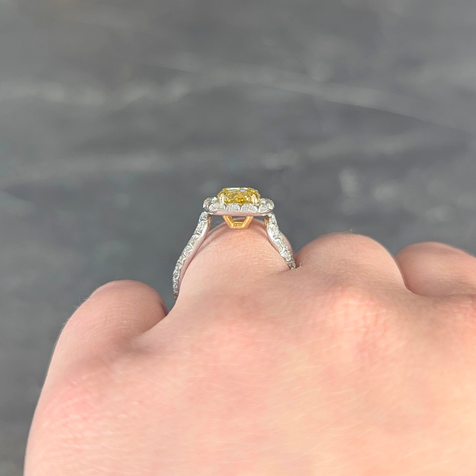 Contemporary 2.79 CTW Fancy Yellow Diamond Platinum 18 Karat Yellow Gold Halo Engagement Ring GIA