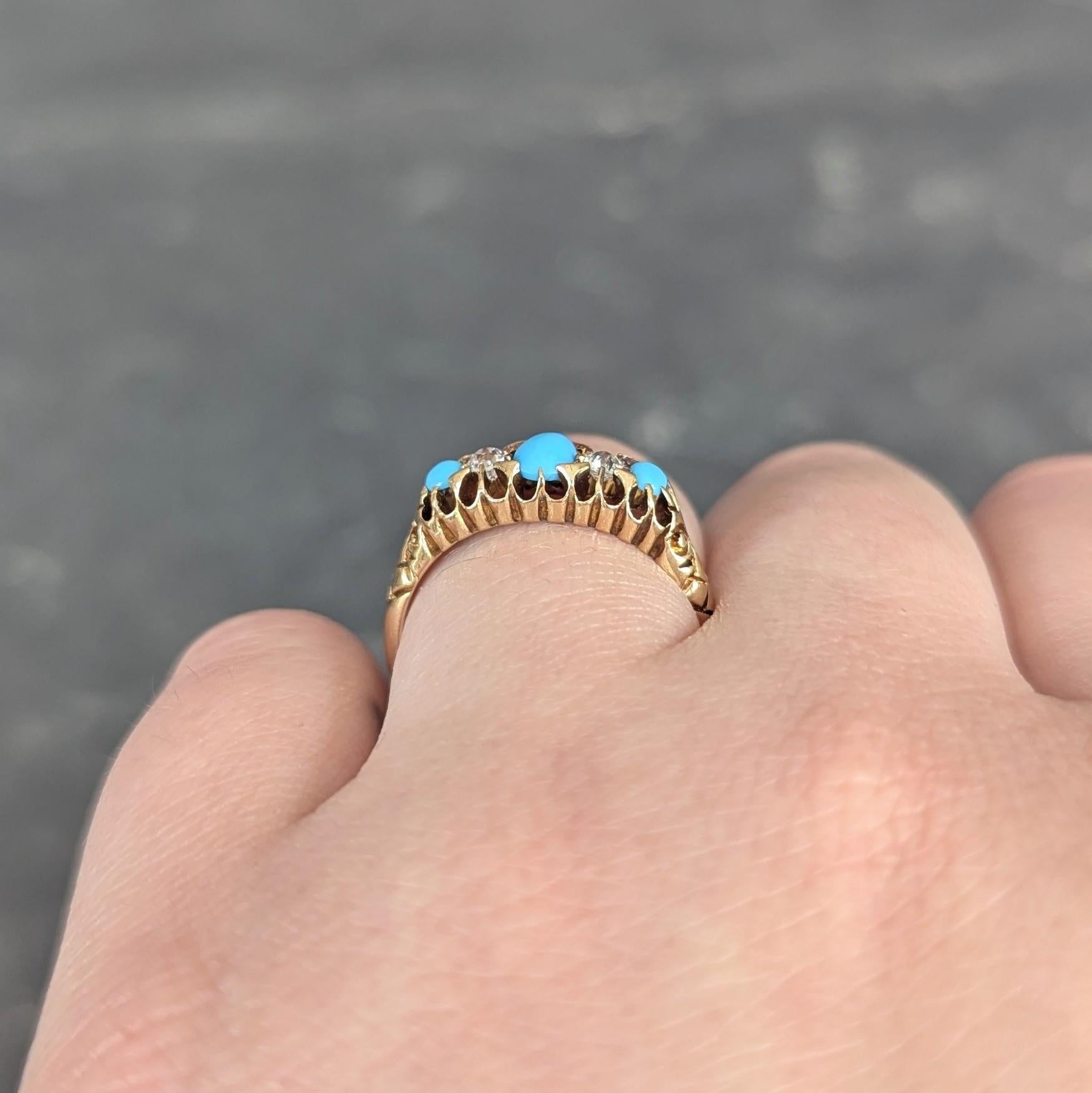1919 Turquoise Diamond 18 Karat Yellow Gold Antique Five Stone Band Ring