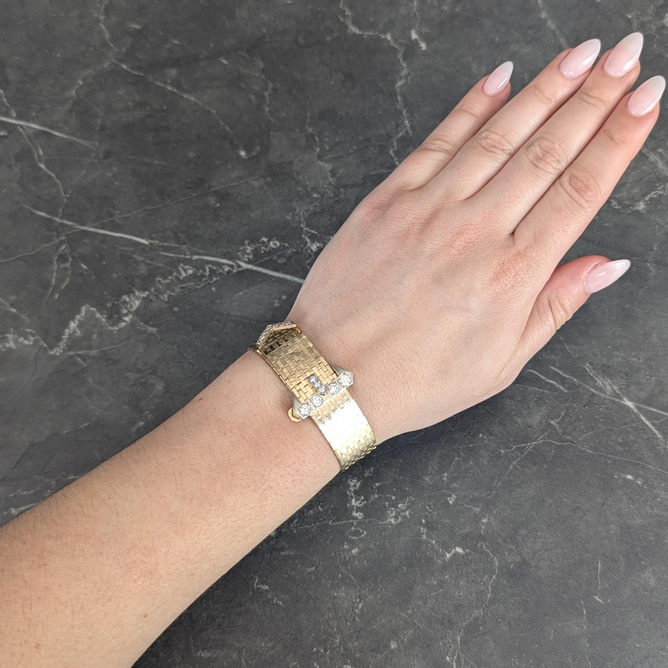 Retro 2.00 CTW Diamond 14 Karat Two-Tone Gold Vintage Mesh Buckle Bracelet