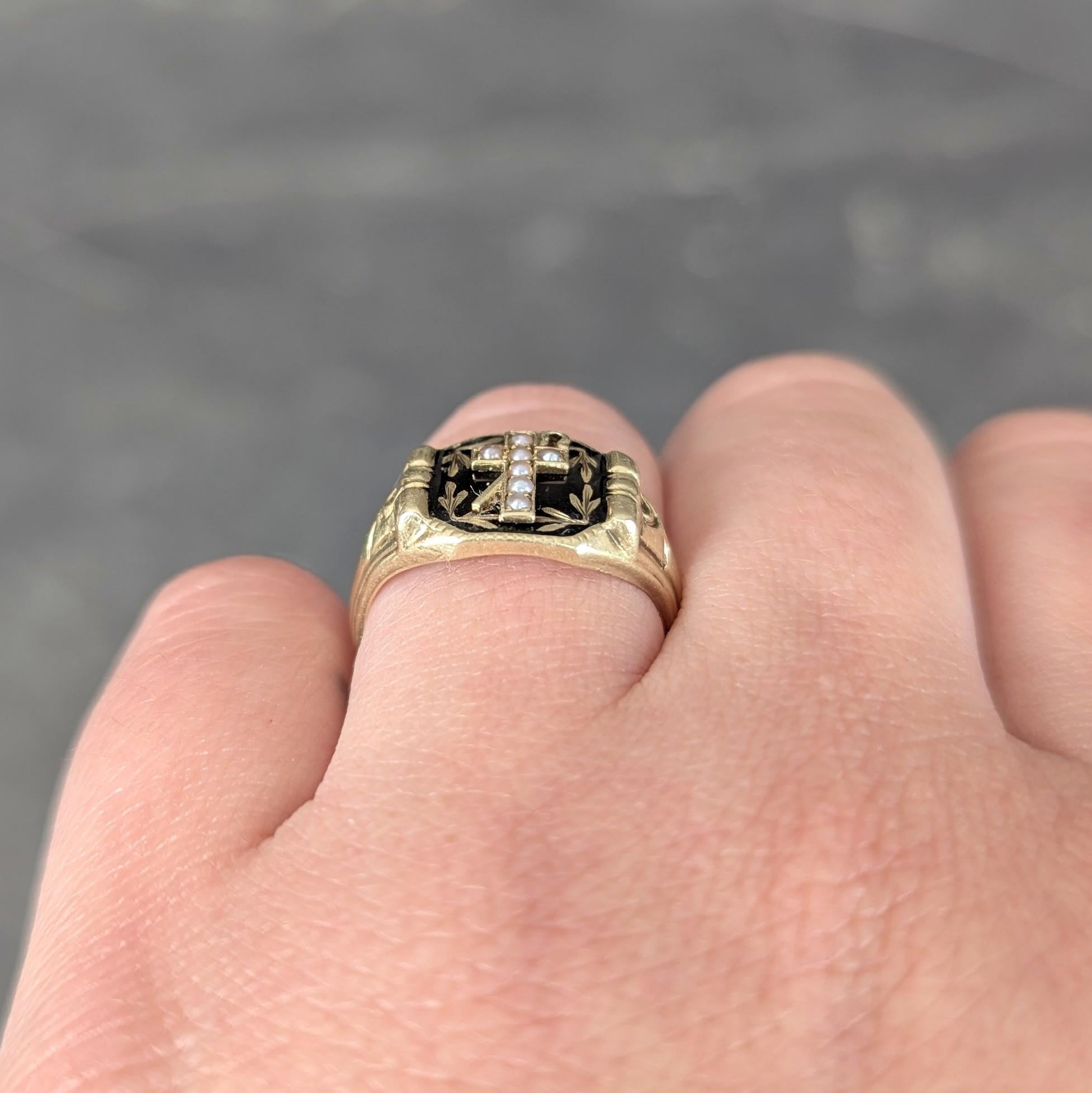 Riker Brother Enamel 14K Yellow Gold Antique Mourning Cross Unisex Signet Ring