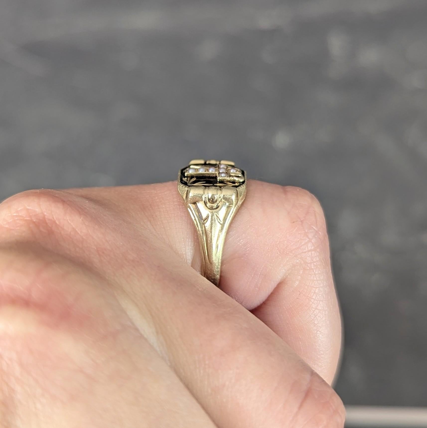 Riker Brother Enamel 14K Yellow Gold Antique Mourning Cross Unisex Signet Ring