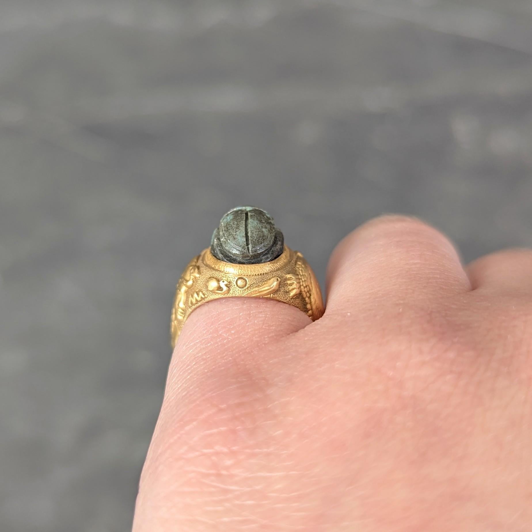 Jones Woodland Art Deco Egyptian Revival Hardstone 14K Gold Antique Scarab Ring
