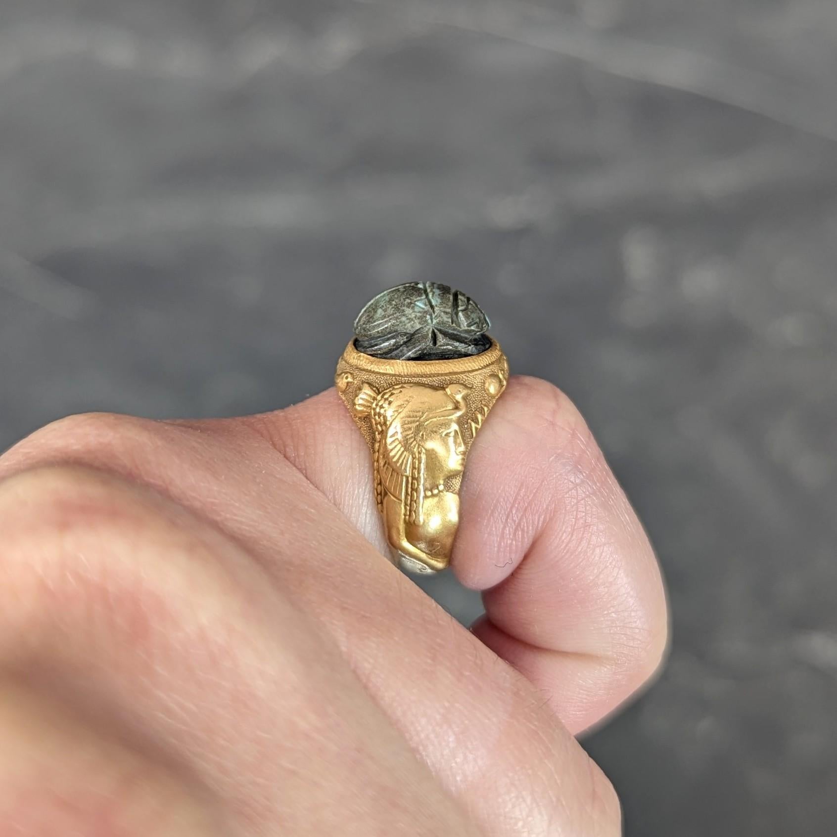 Jones Woodland Art Deco Egyptian Revival Hardstone 14K Gold Antique Scarab Ring