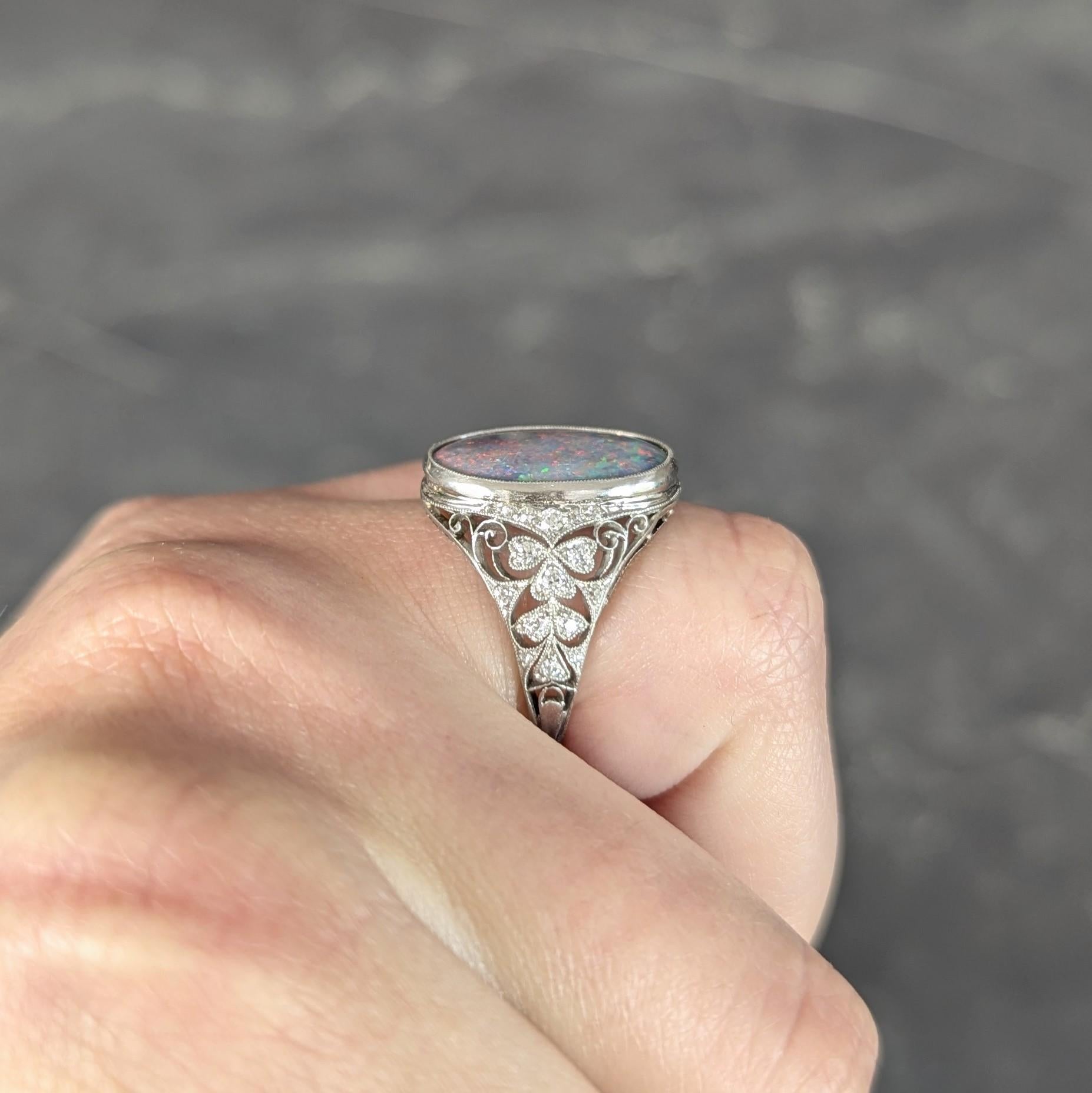 Edwardian Black Opal Diamond Platinum Antique Clover Dinner Ring