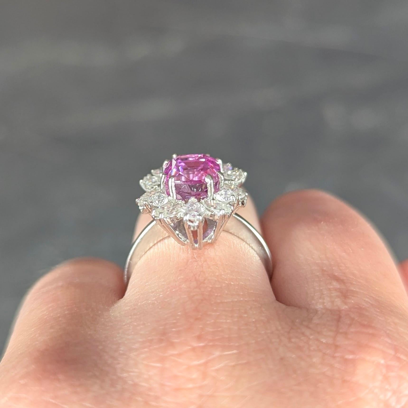 1950's 5.44 CTW Ceylon Pink Sapphire Diamond Platinum Vintage Cluster Ring GIA