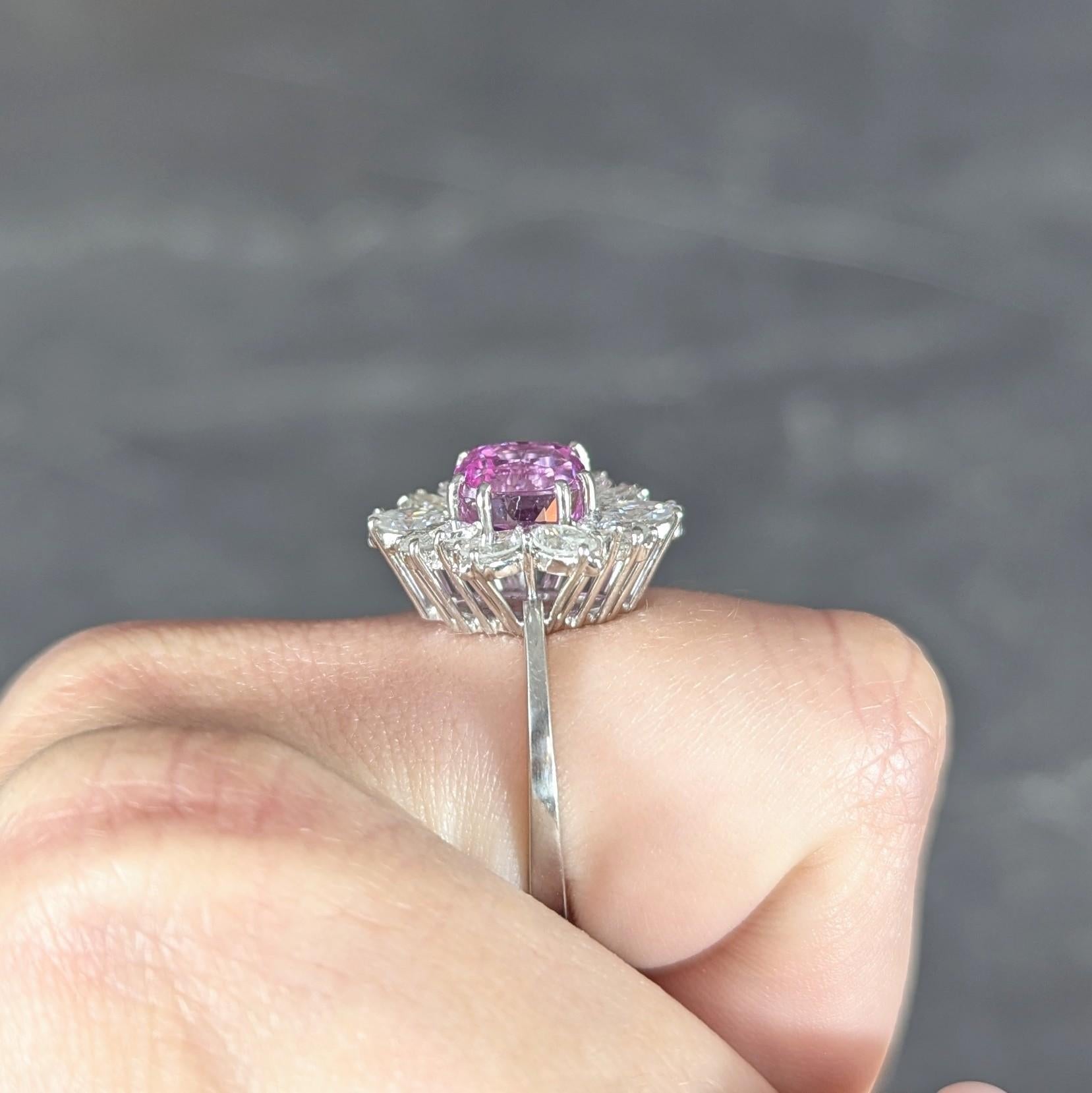 1950's 5.44 CTW Ceylon Pink Sapphire Diamond Platinum Vintage Cluster Ring GIA