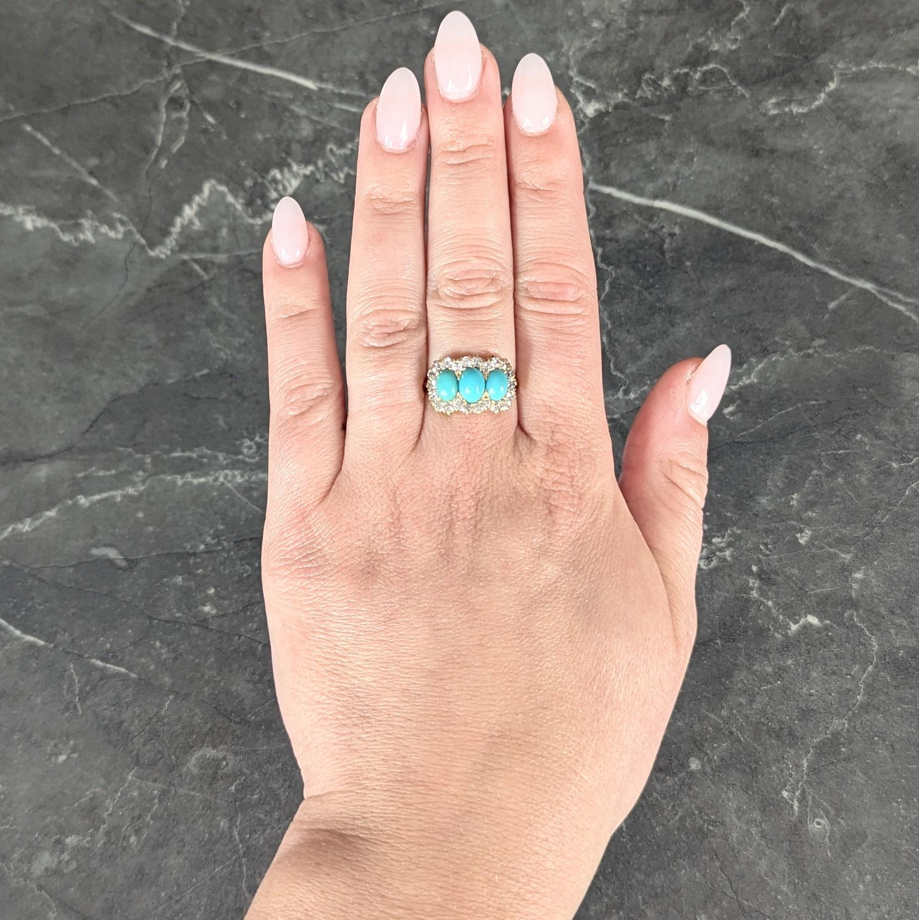 Victorian Diamond Turquoise 18 Karat Yellow Gold Antique Cluster Halo Ring