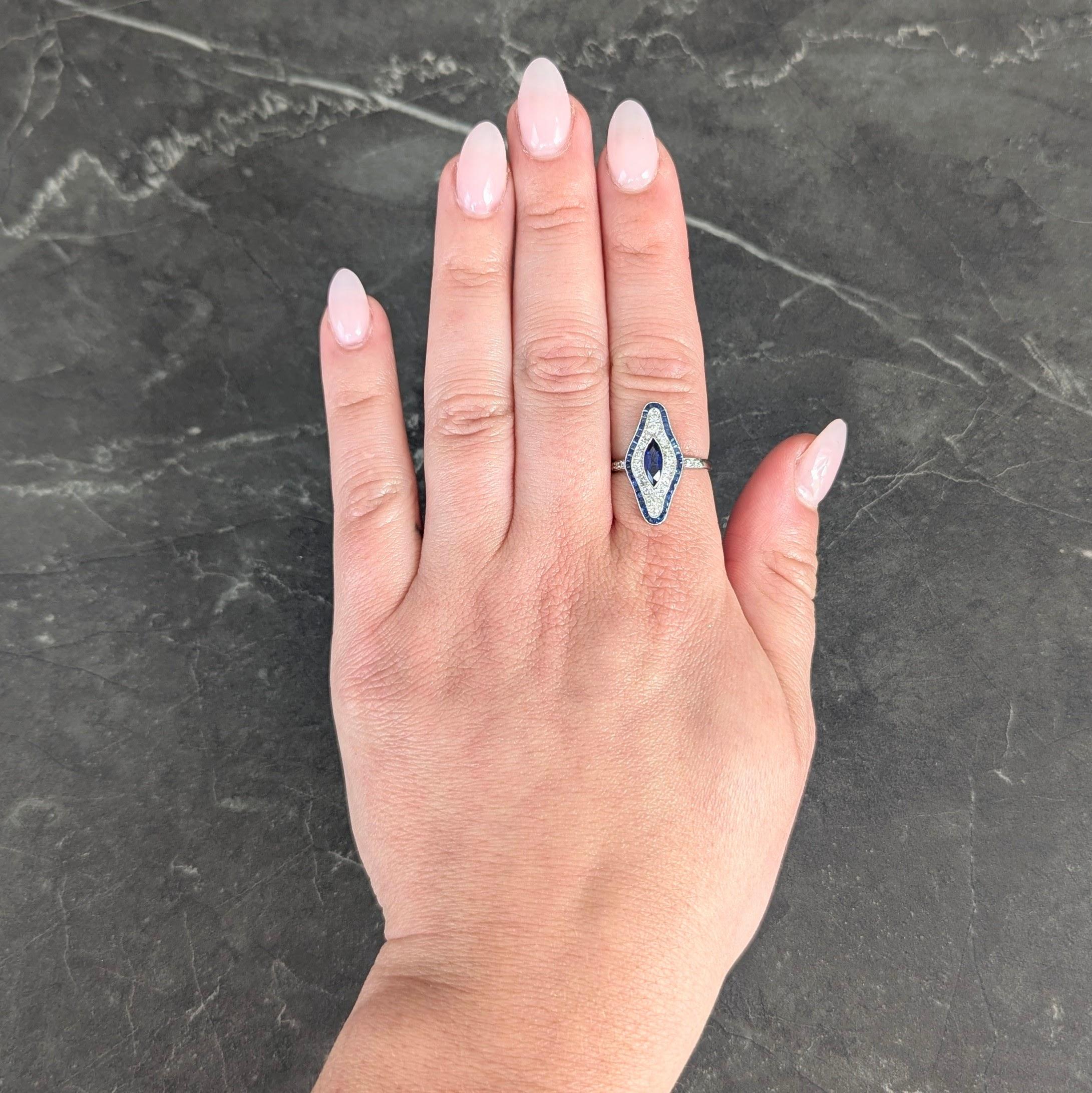 Art Deco 1.30 CTW Sapphire Diamond Platinum Vintage Navette Halo Dinner Ring