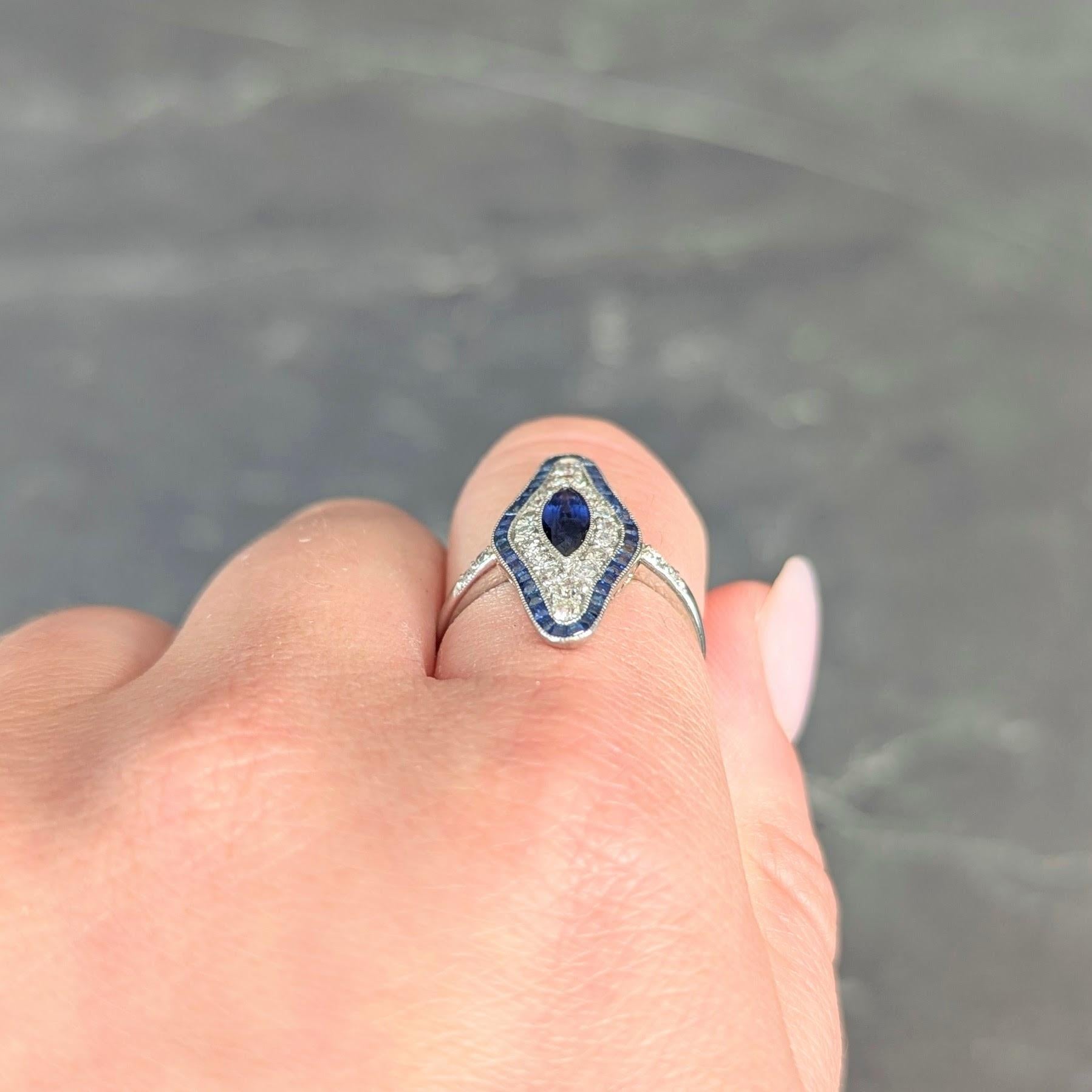 Art Deco 1.30 CTW Sapphire Diamond Platinum Vintage Navette Halo Dinner Ring