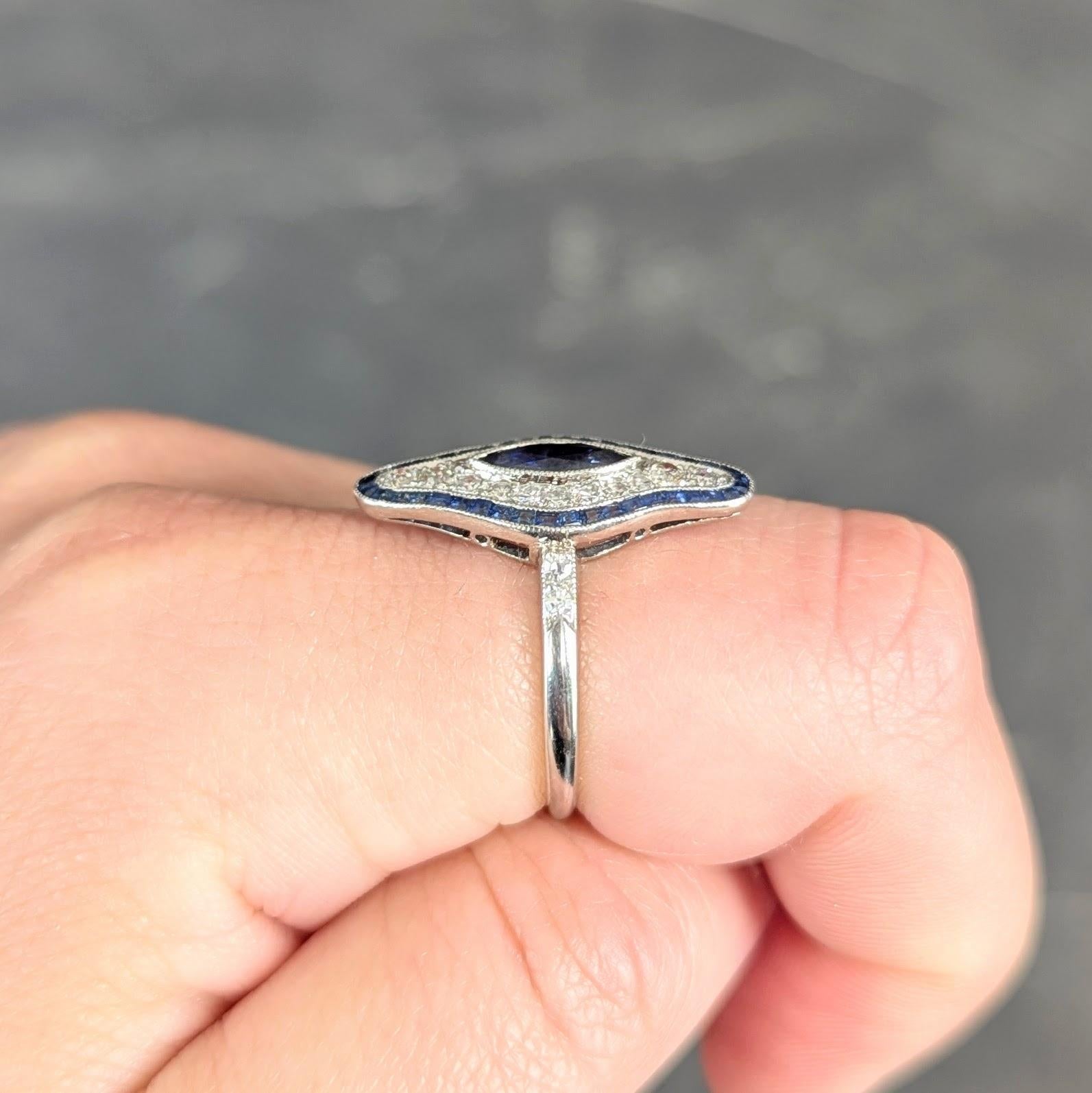 Art Deco 1.30 CTW Sapphire Diamond Platinum Vintage Navette Halo Dinner Ring