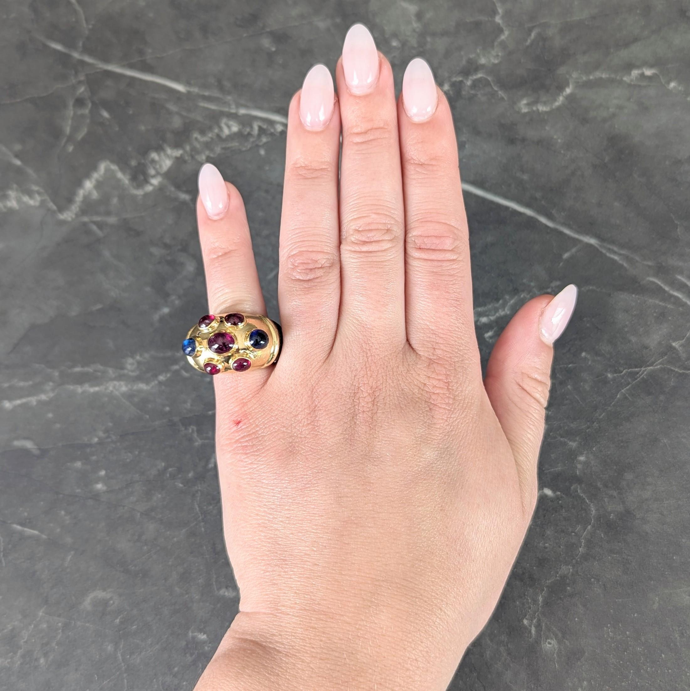 Poiray Paris 1980's 5.80 CTW Sapphire Ruby Wood 18K Gold Vintage Dome Ring