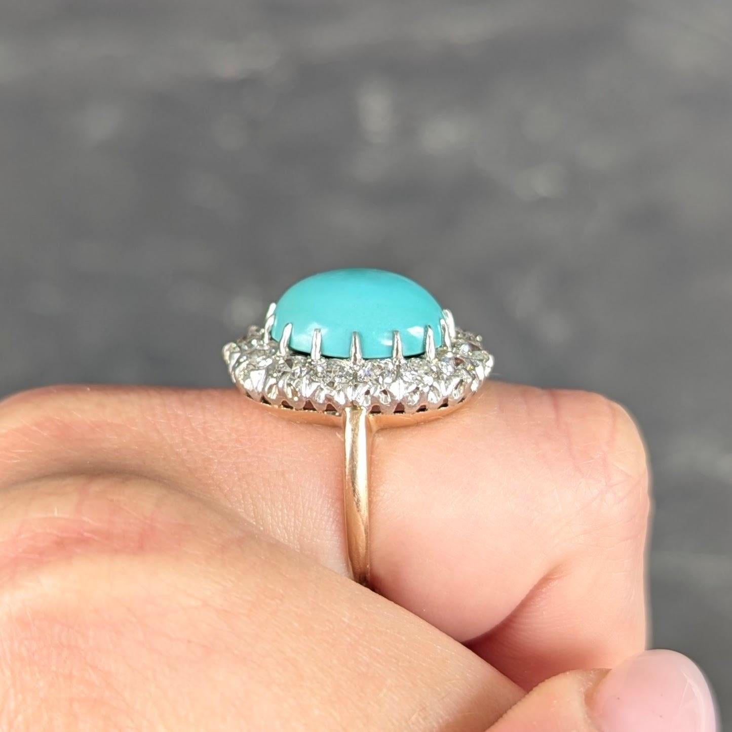 Edwardian Turquoise Diamond Platinum 14 Karat Yellow Gold Antique Halo Ring