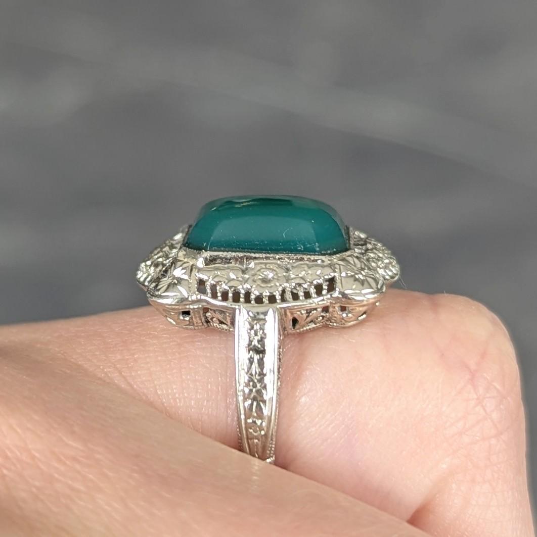 Art Deco Chrysoprase 14 Karat White Gold Vintage Orange Blossom Dinner Ring