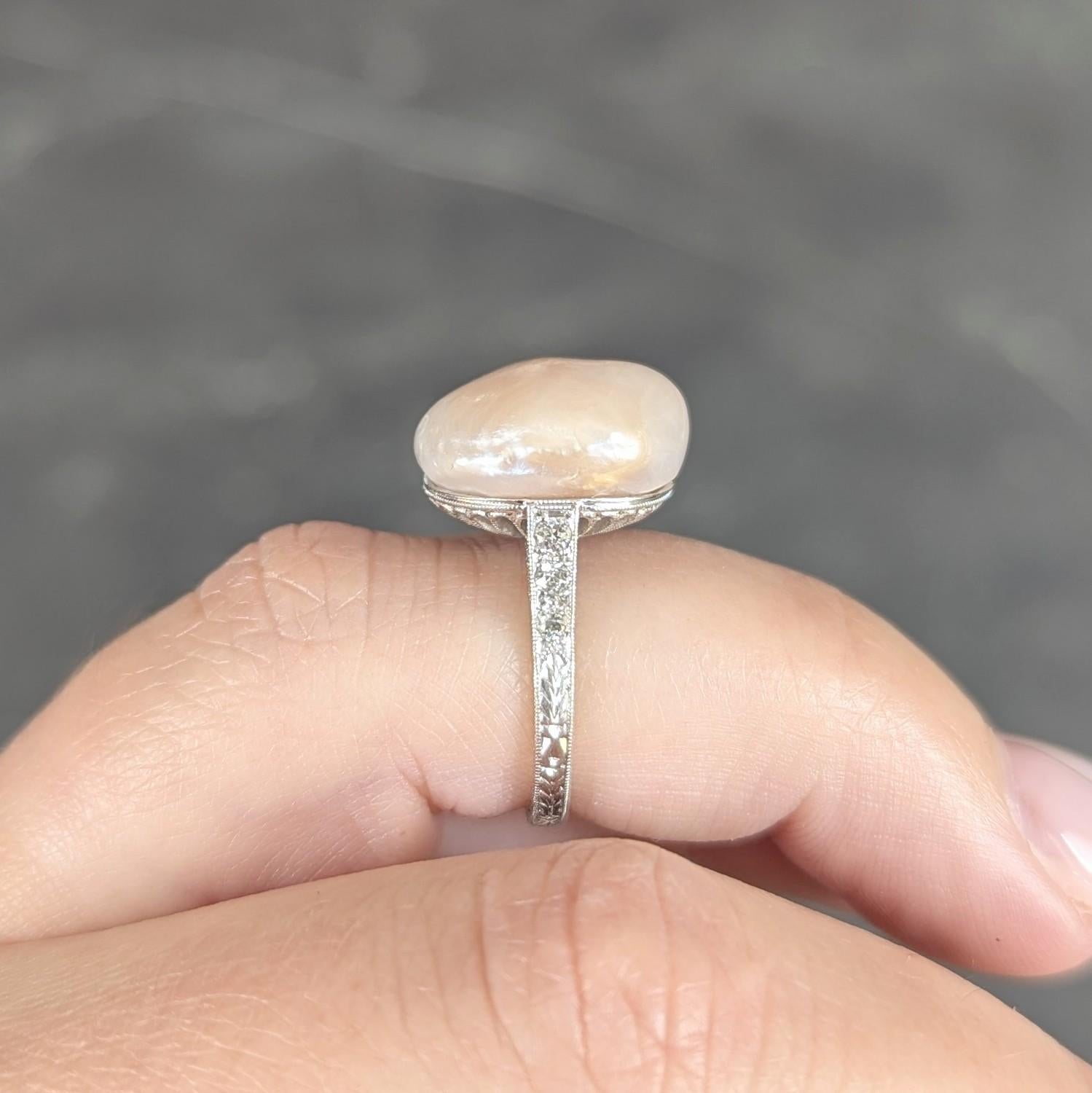 Art Deco Pink Natural Unionidae Pearl Diamond Platinum Antique Dinner Ring GIA