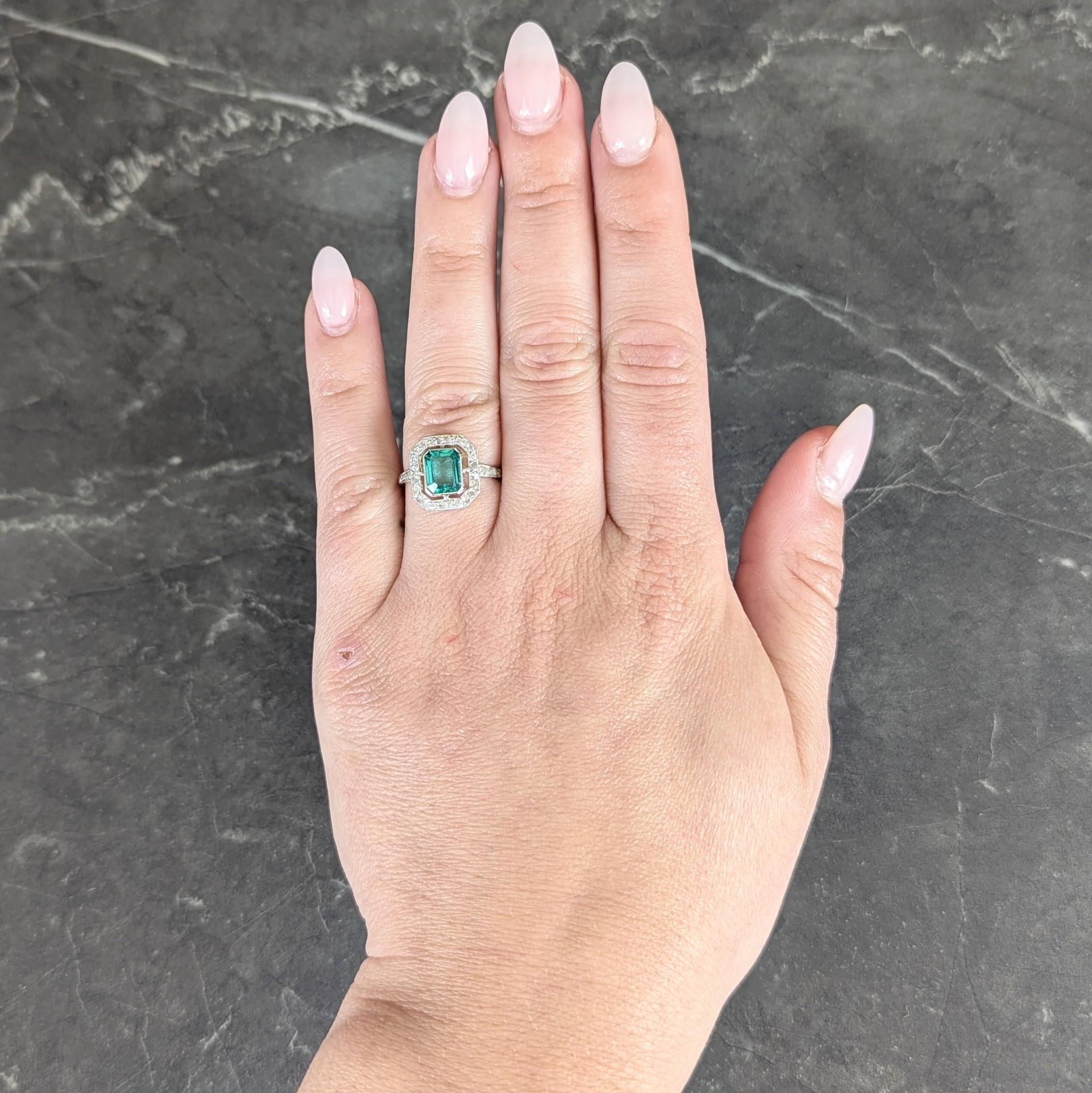 Art Deco 1.67 CTW Colombian Emerald Diamond Platinum 18K Gold Antique Halo Ring