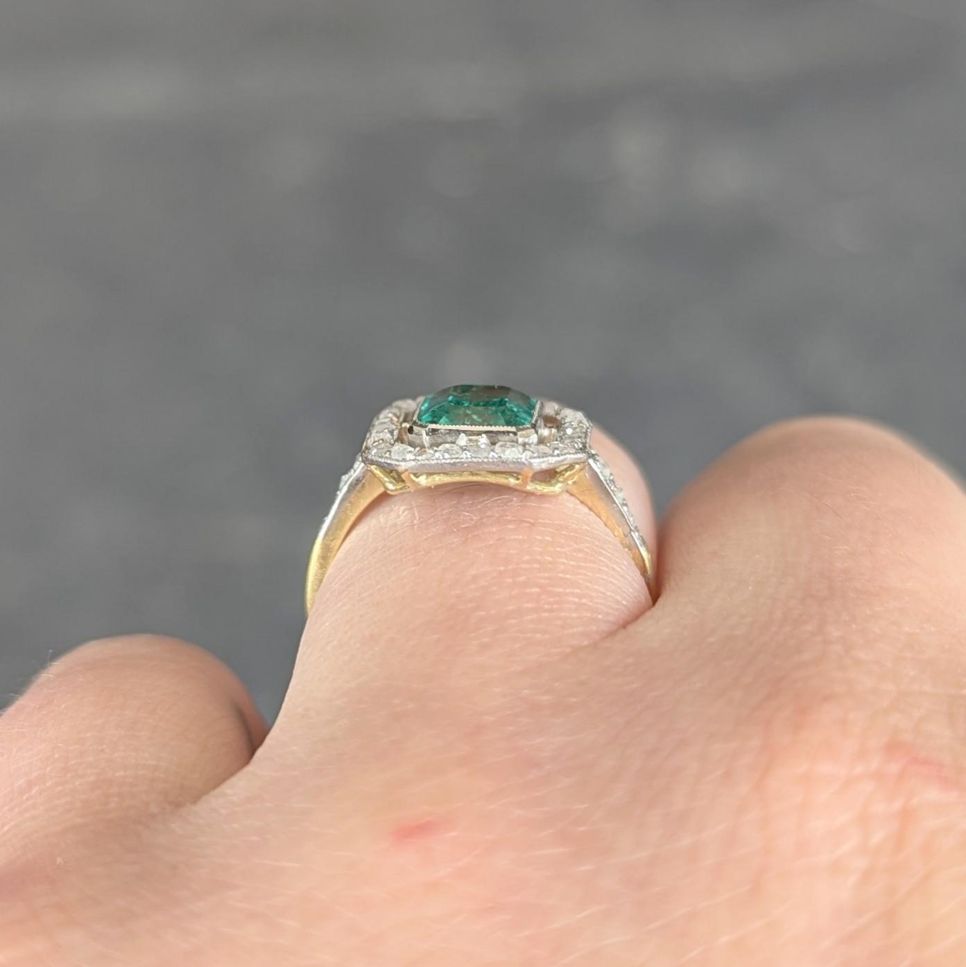 Art Deco 1.67 CTW Colombian Emerald Diamond Platinum 18K Gold Antique Halo Ring