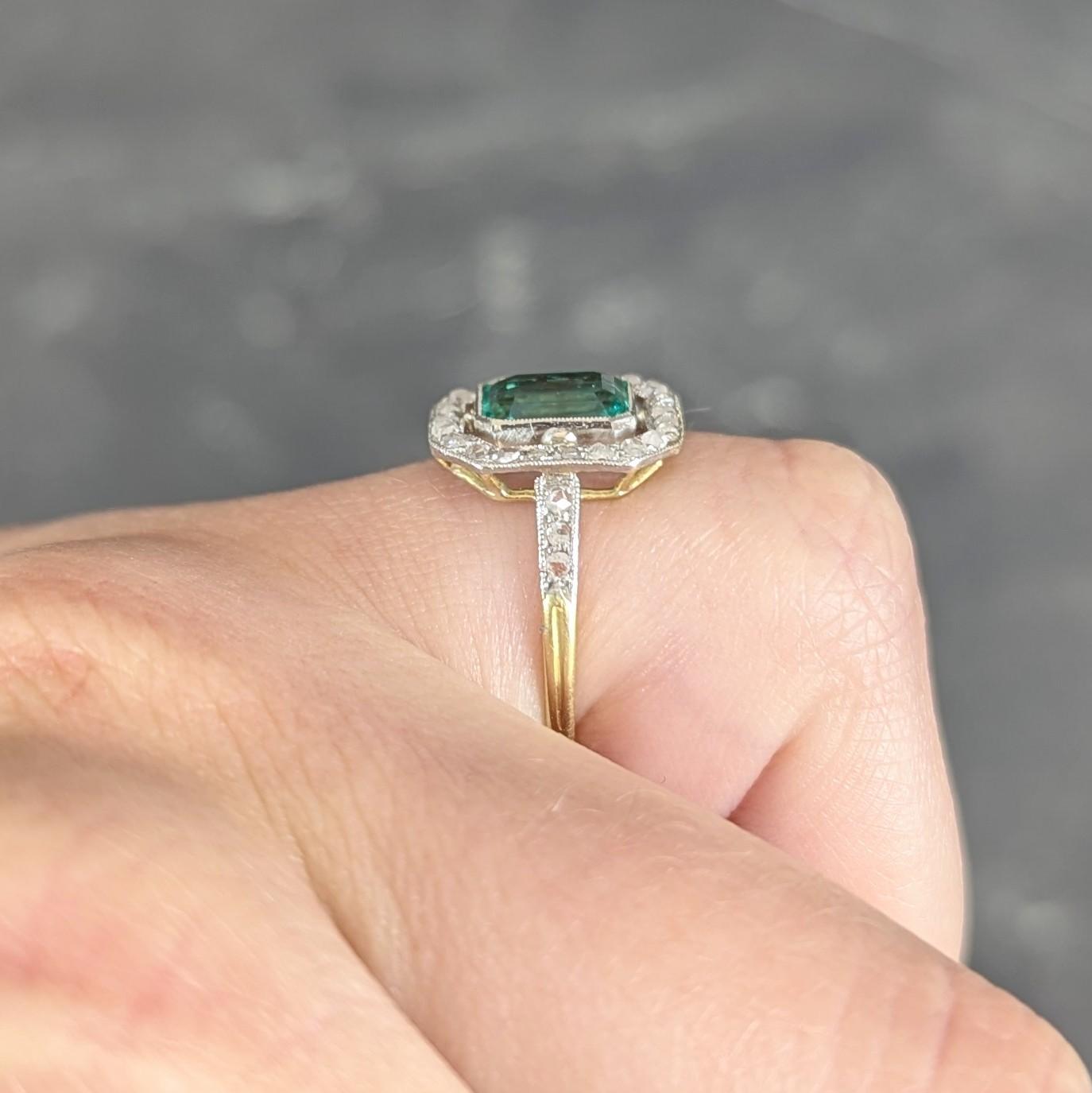 Art Deco 1.67 CTW Colombian Emerald Diamond Platinum 18K Gold Antique Halo Ring