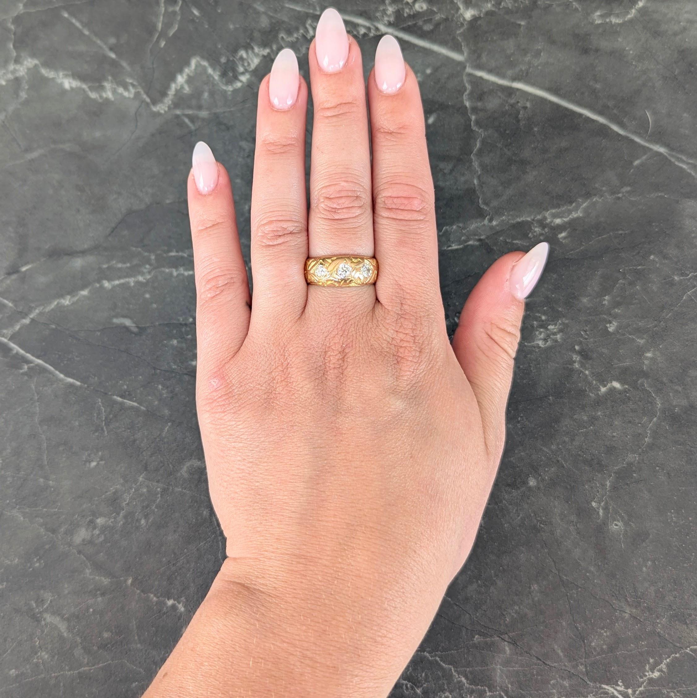 Victorian Diamond 18 Karat Yellow Gold Antique Floral Three Stone Band Ring