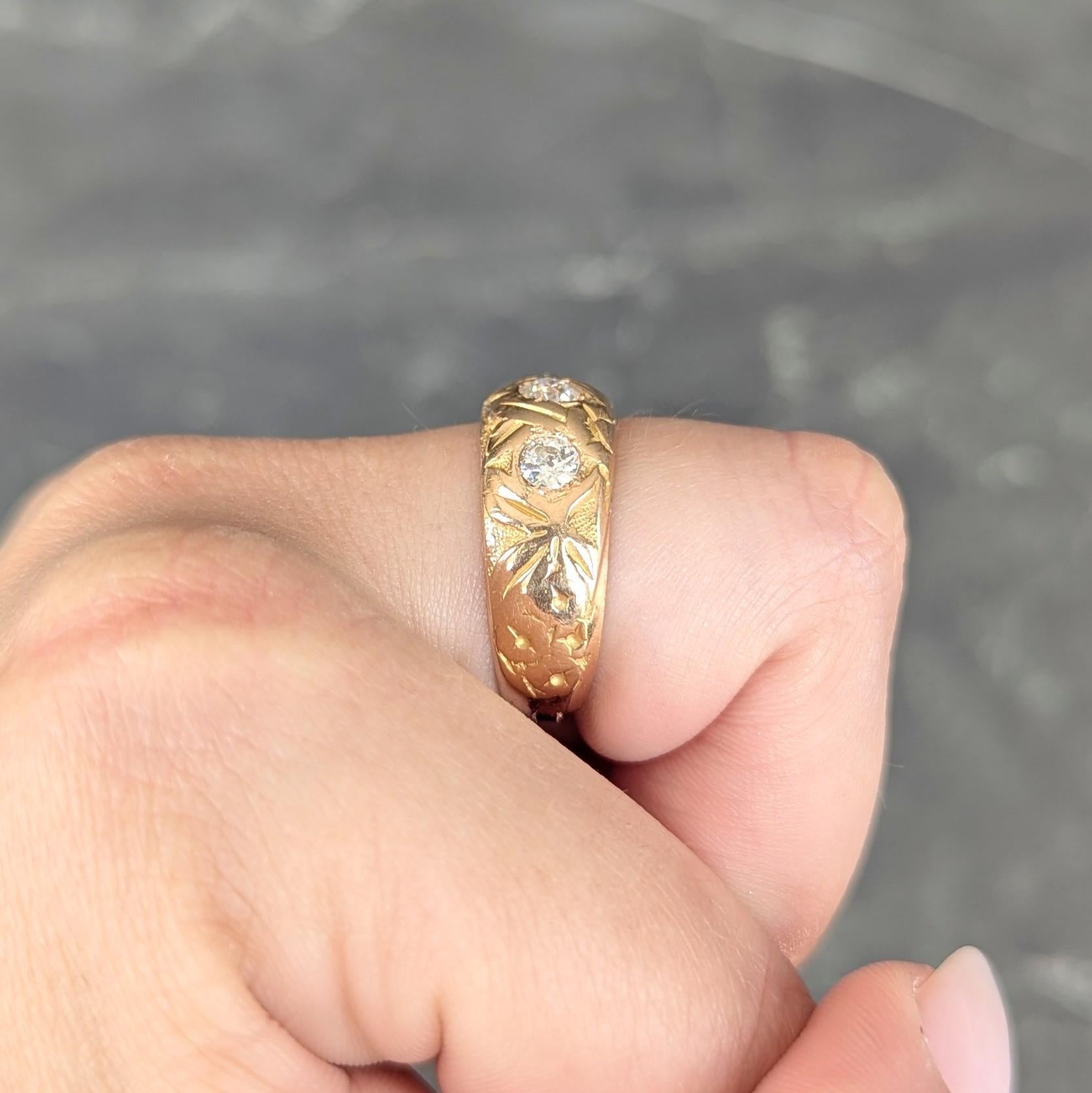 Victorian Diamond 18 Karat Yellow Gold Antique Floral Three Stone Band Ring