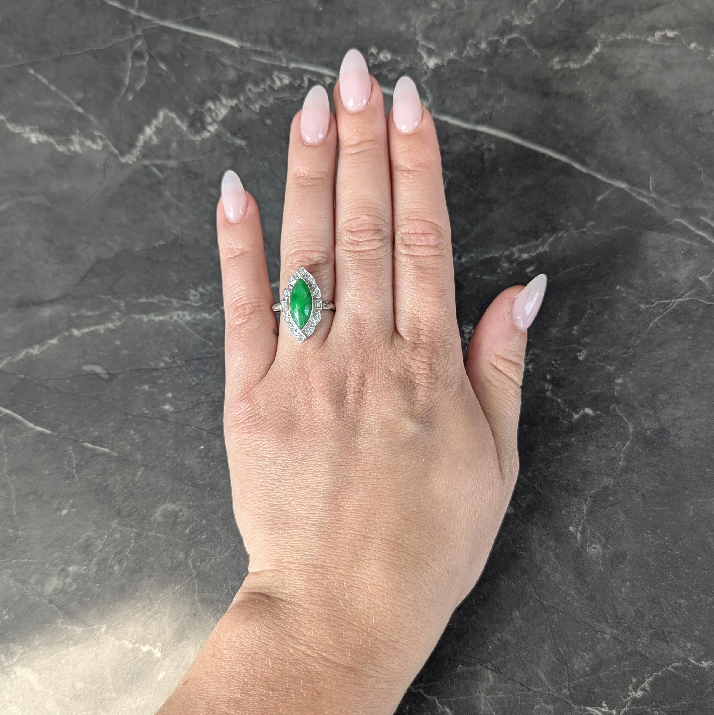 Art Deco Type A Jade 14 Karat White Gold Vintage Scrolling Navette Halo Ring GIA
