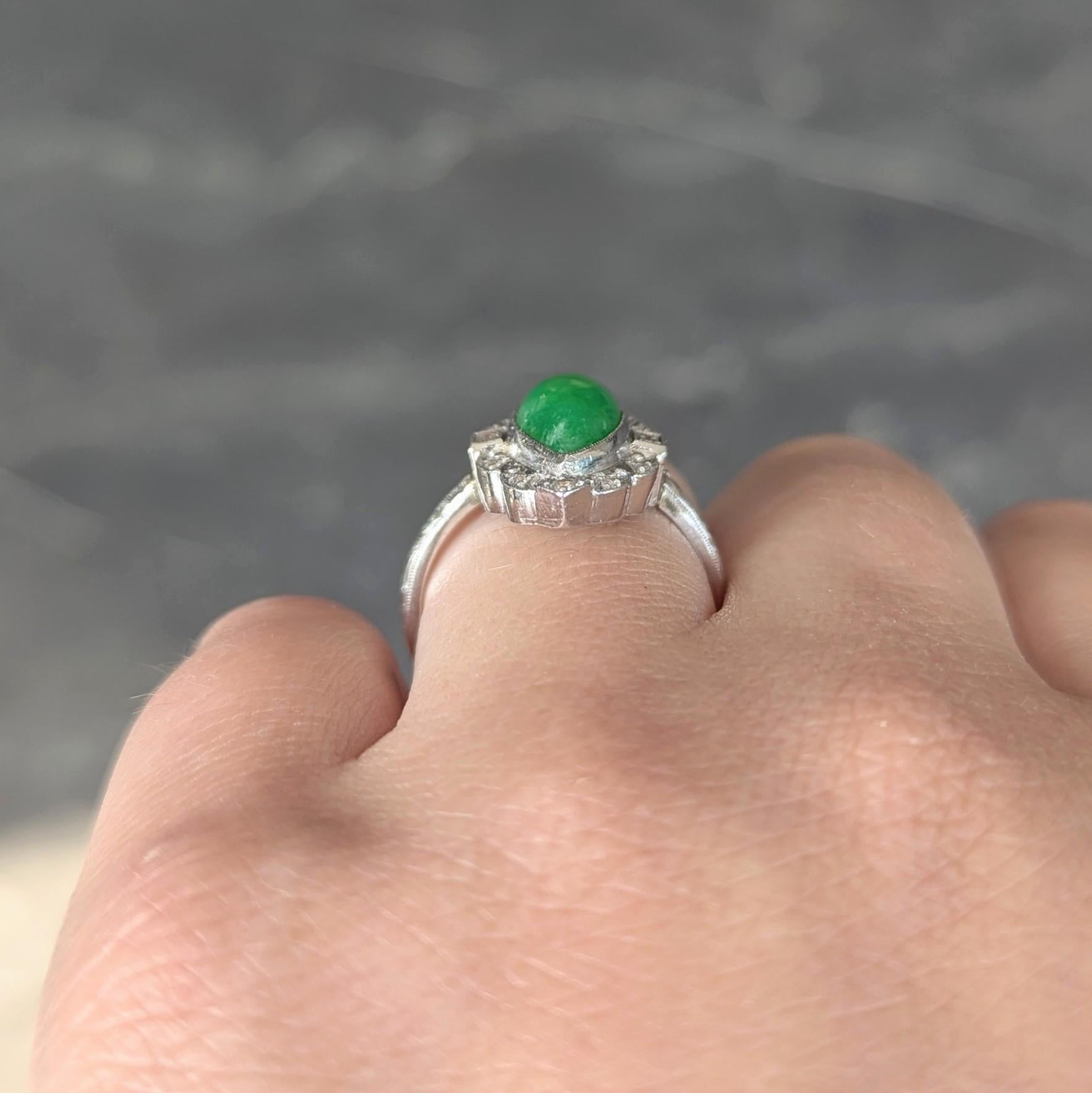 Art Deco Type A Jade 14 Karat White Gold Vintage Scrolling Navette Halo Ring GIA