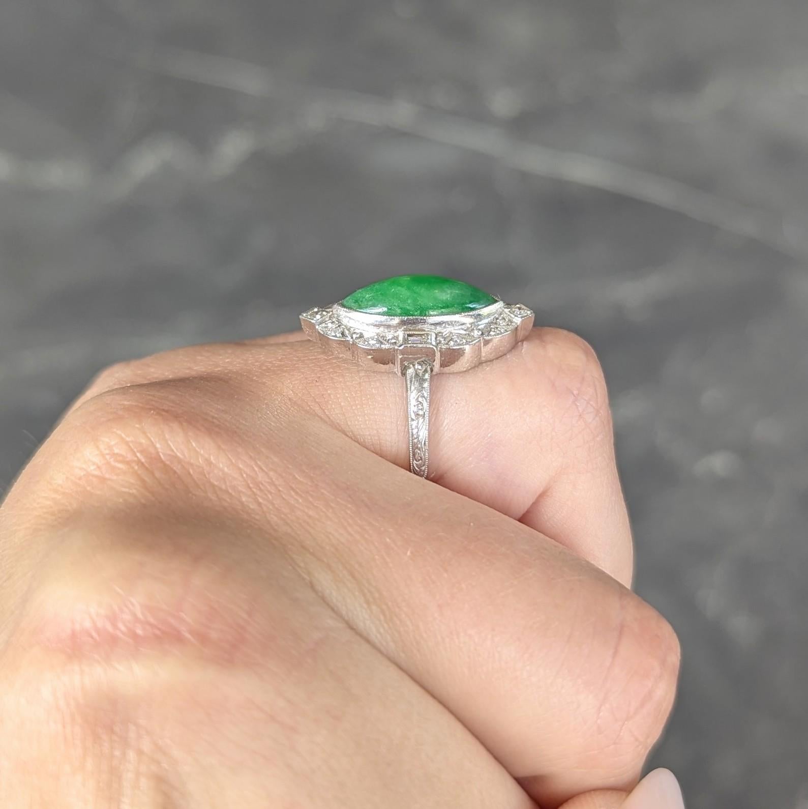 Art Deco Type A Jade 14 Karat White Gold Vintage Scrolling Navette Halo Ring GIA