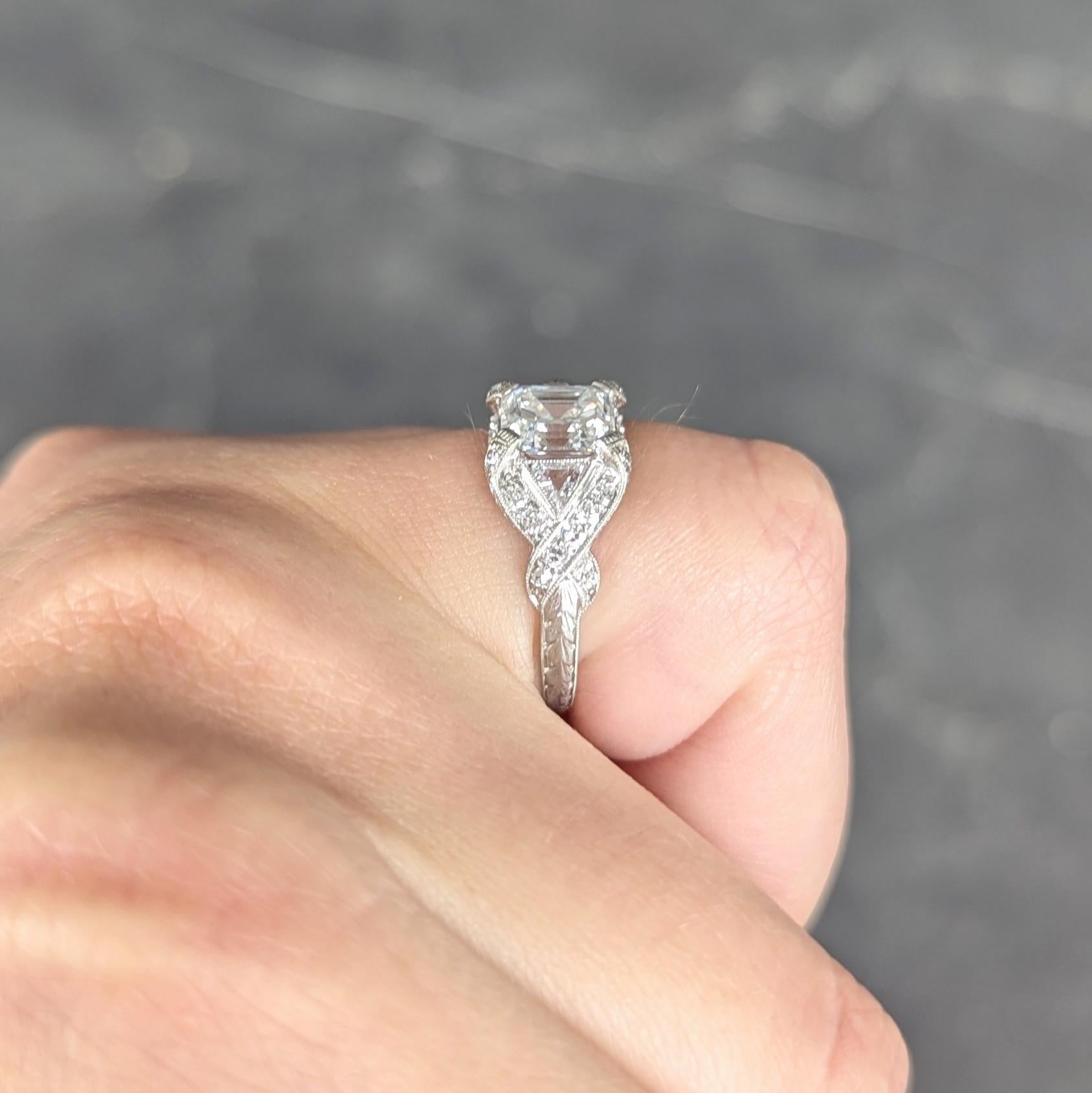 Art Deco 2.20 CTW Asscher Cut Diamond Platinum Vintage Wheat Engagement Ring