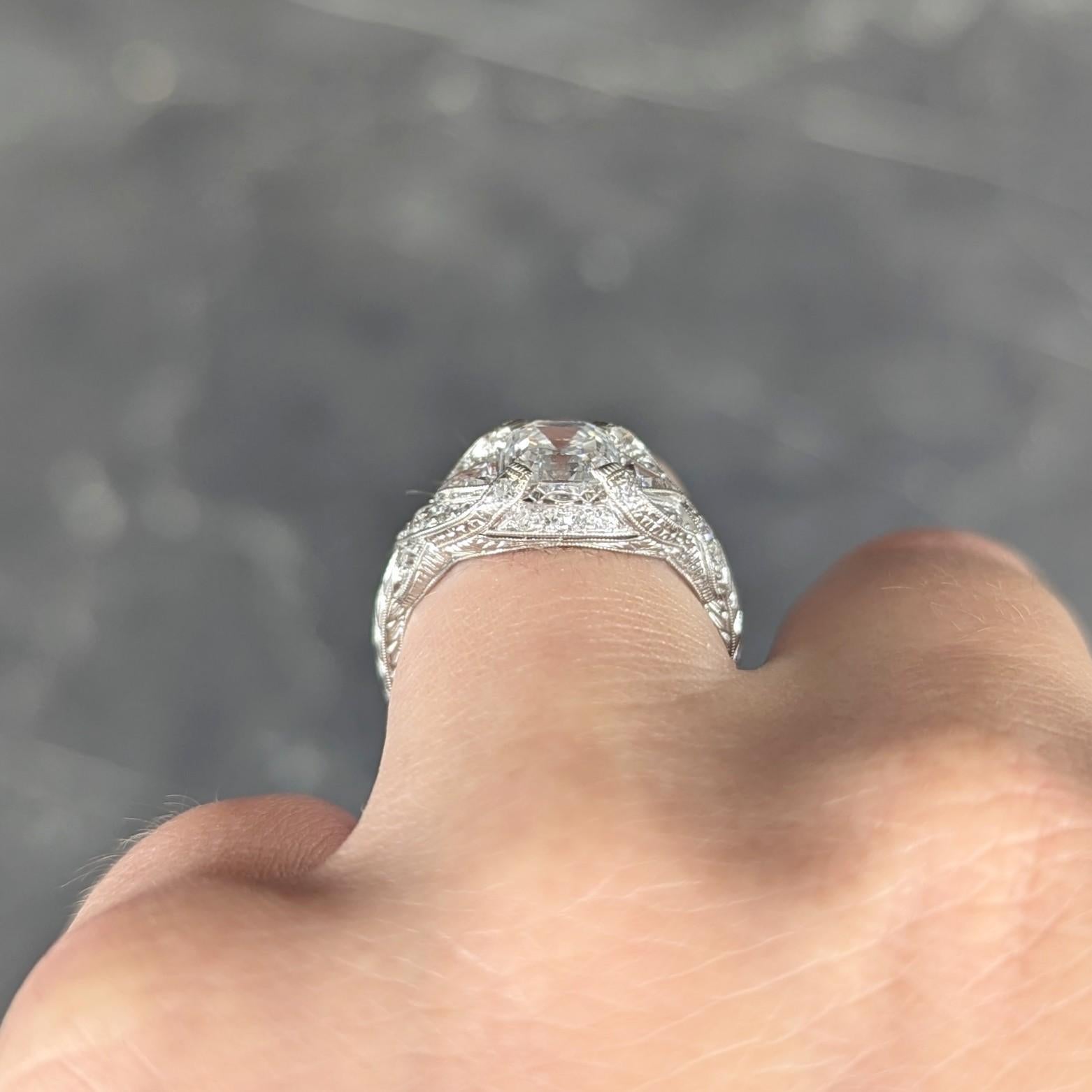 Art Deco 2.20 CTW Asscher Cut Diamond Platinum Vintage Wheat Engagement Ring