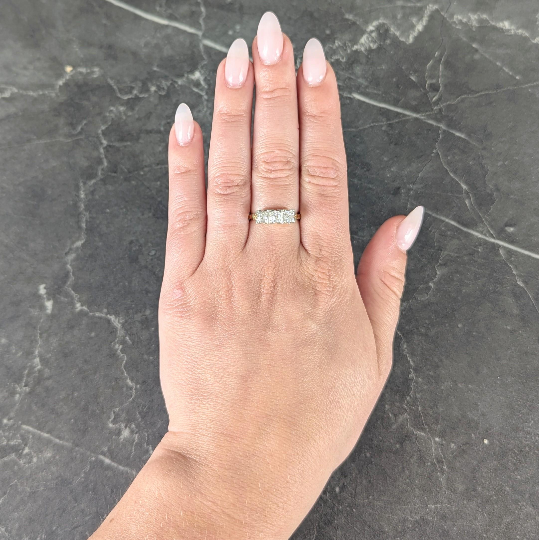 Retro 0.75 CTW Old Mine Platinum 14 Karat Yellow Gold Vintage Three Stone Ring