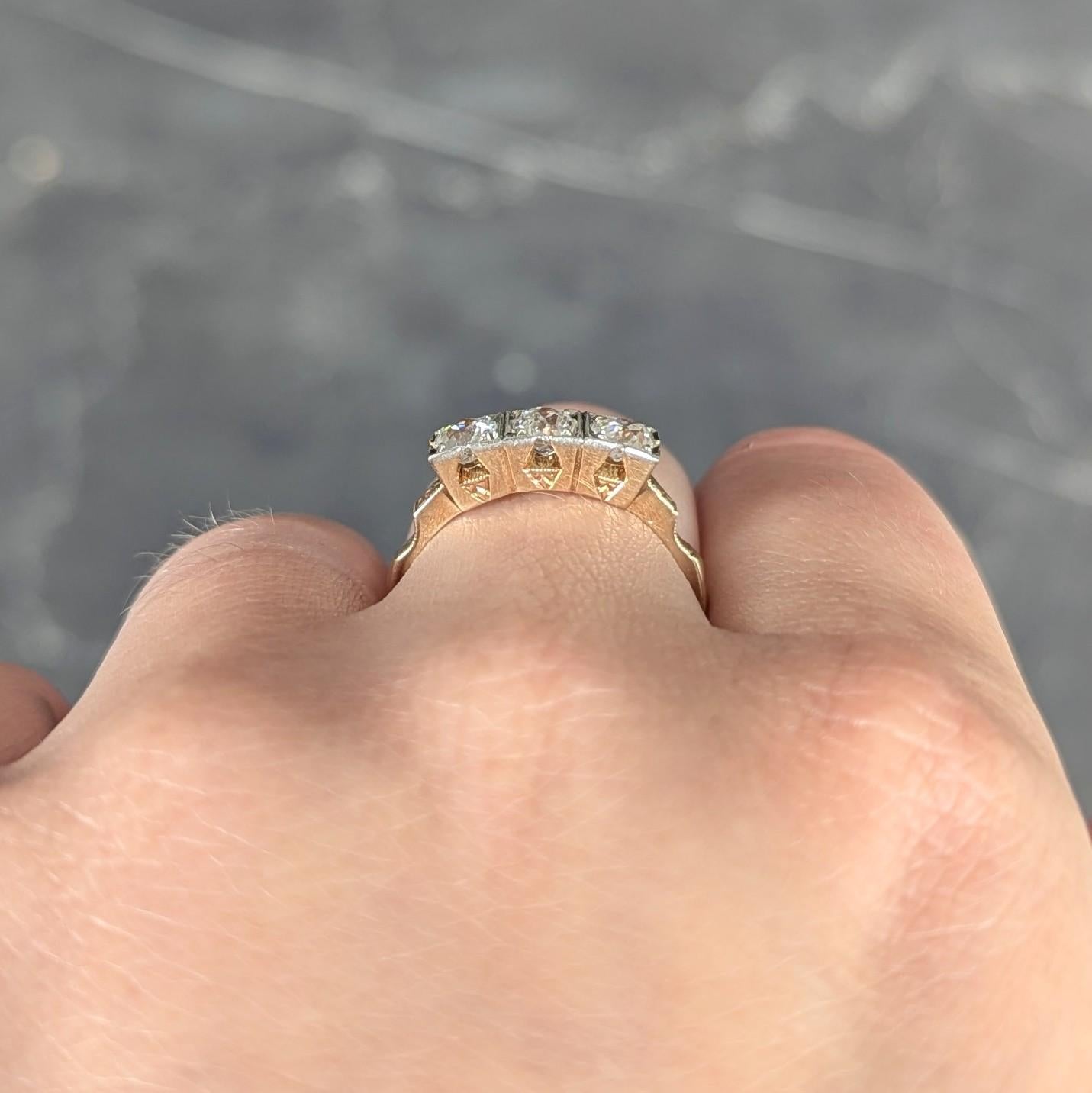 Retro 0.75 CTW Old Mine Platinum 14 Karat Yellow Gold Vintage Three Stone Ring