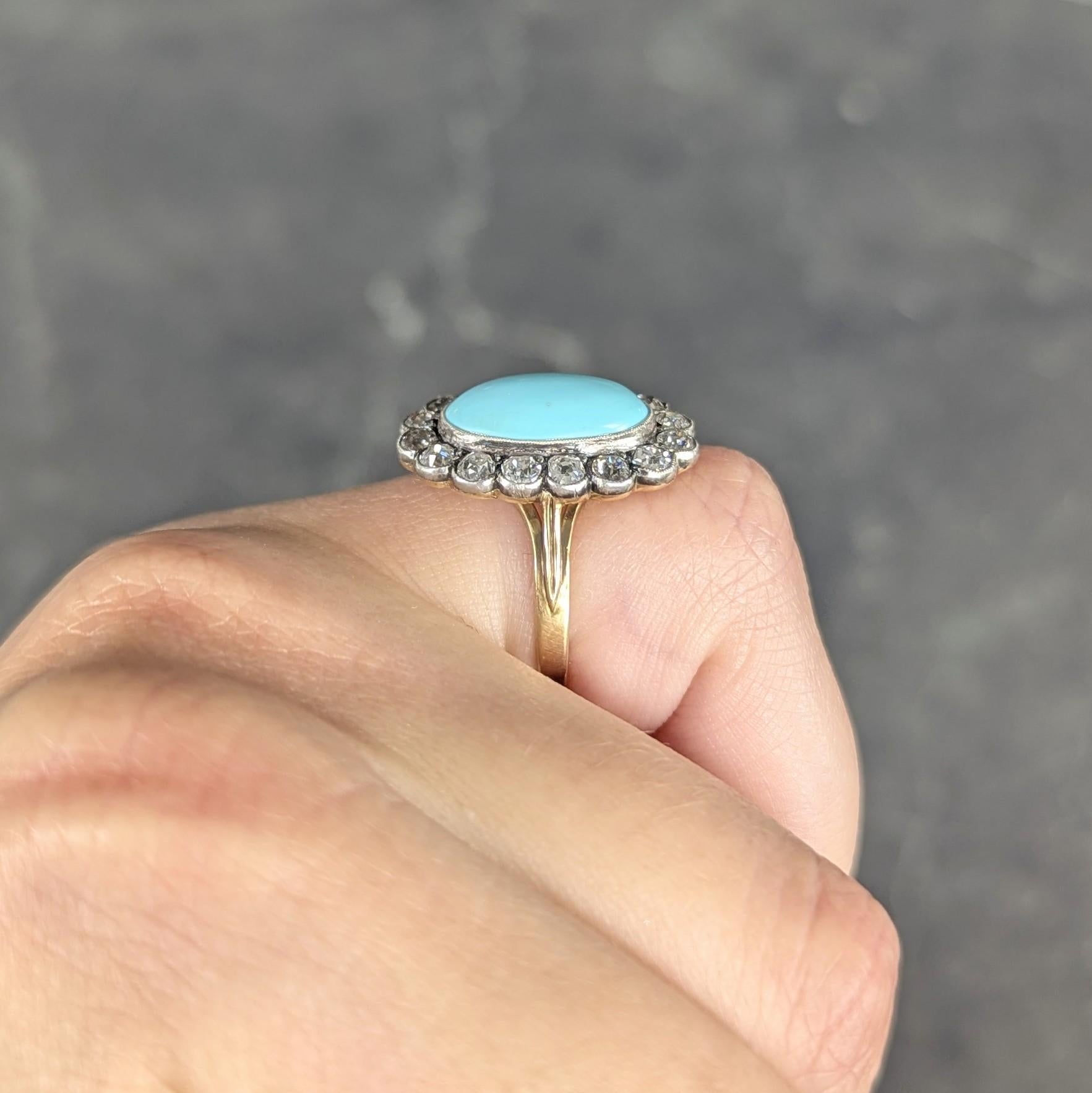 Early Victorian Diamond Turquoise Silver 14 Karat Yellow Gold Antique Halo Ring