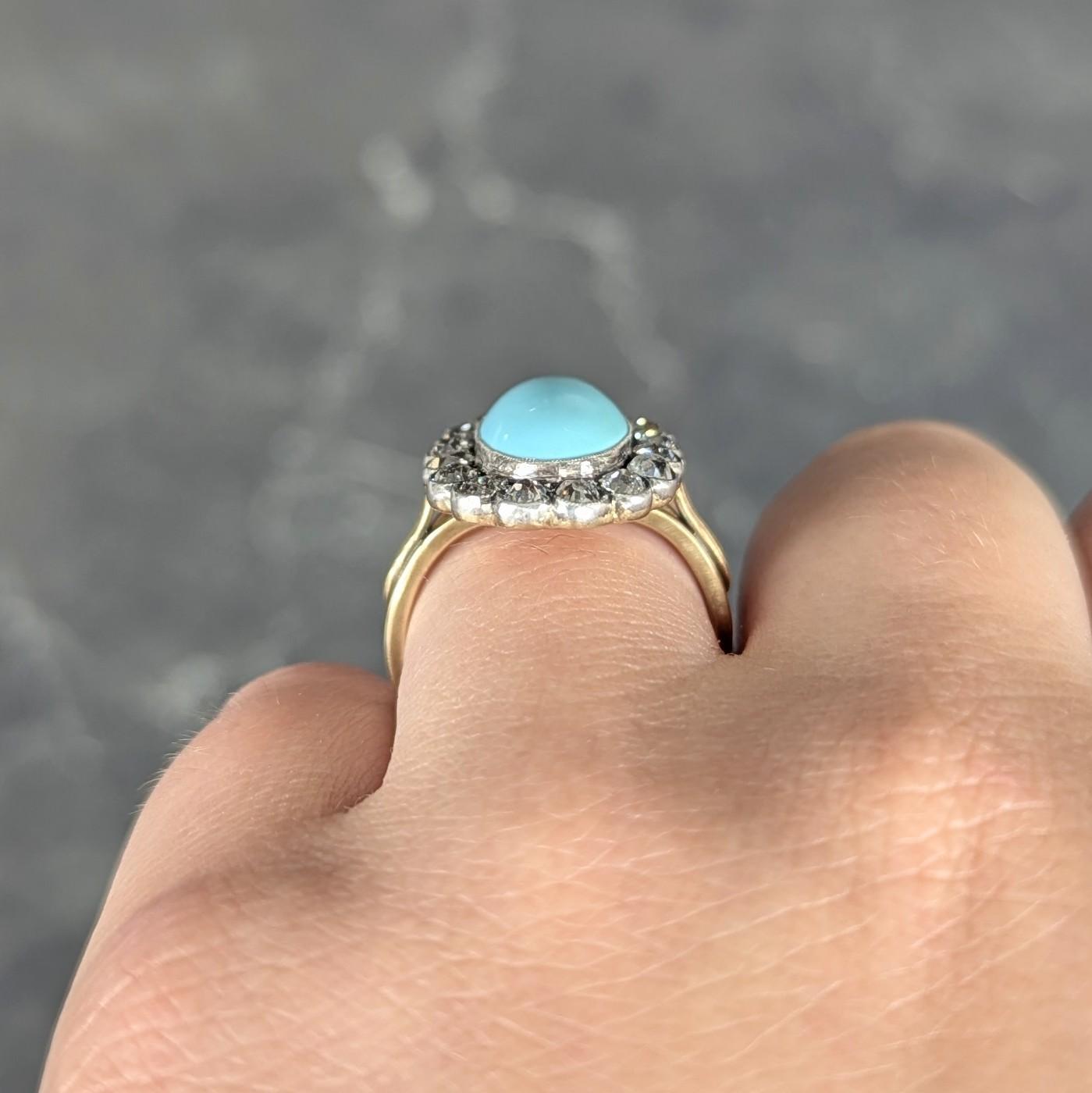 Early Victorian Diamond Turquoise Silver 14 Karat Yellow Gold Antique Halo Ring