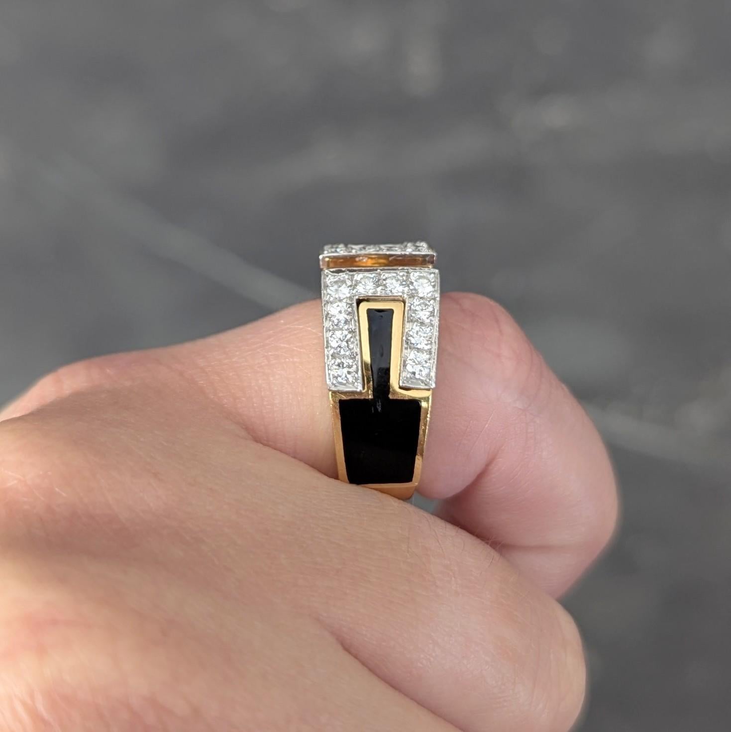 David Webb Diamond Black Enamel Platinum 18 Karat Yellow Gold Gap Ring