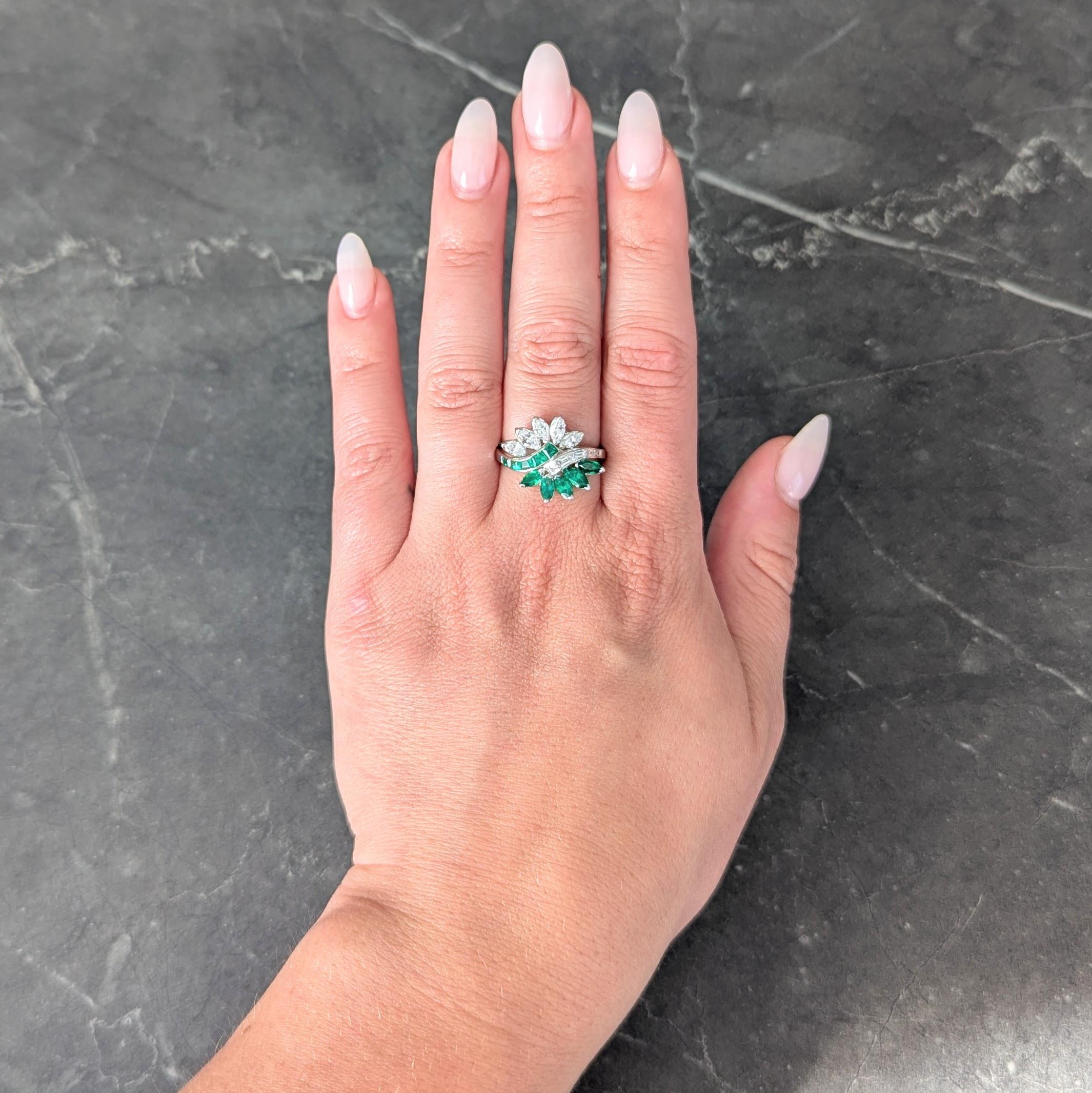 Mid-Century 2.16 CTW Emerald Diamond Platinum Vintage Fanning Bypass Ring