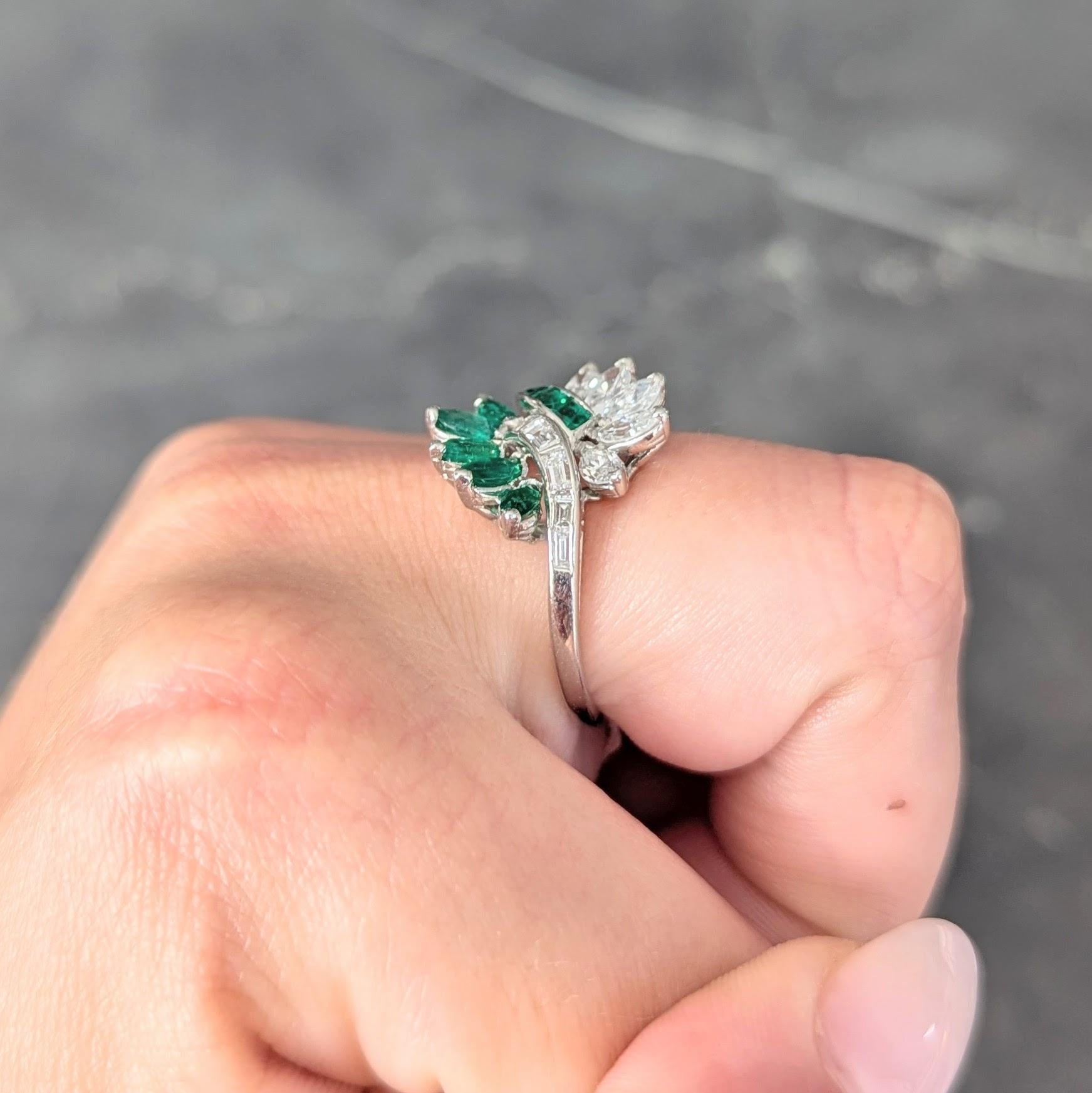 Mid-Century 2.16 CTW Emerald Diamond Platinum Vintage Fanning Bypass Ring