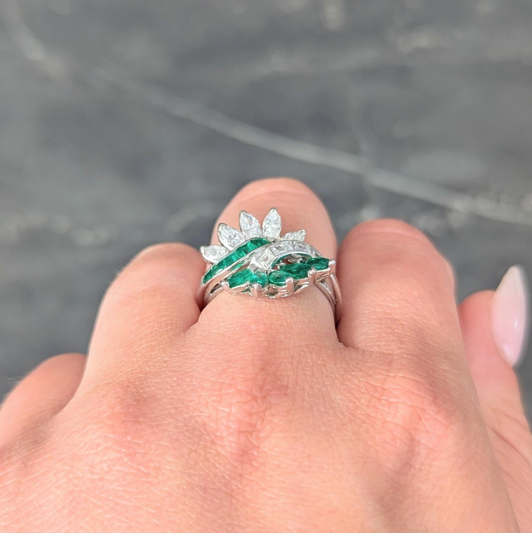 Mid-Century 2.16 CTW Emerald Diamond Platinum Vintage Fanning Bypass Ring