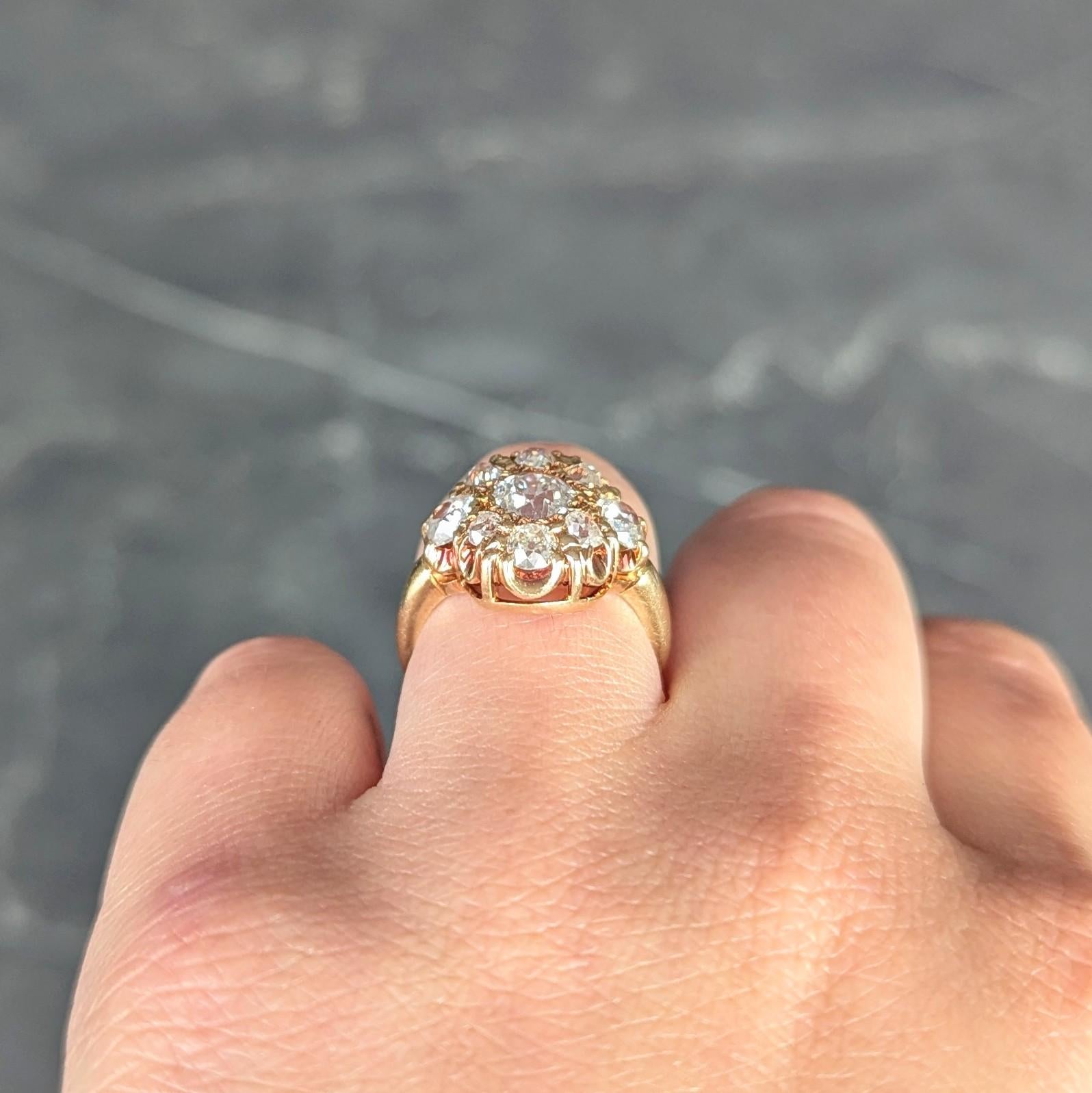 Victorian Old European Cut Diamond 14 Karat Yellow Gold Antique Cluster Ring