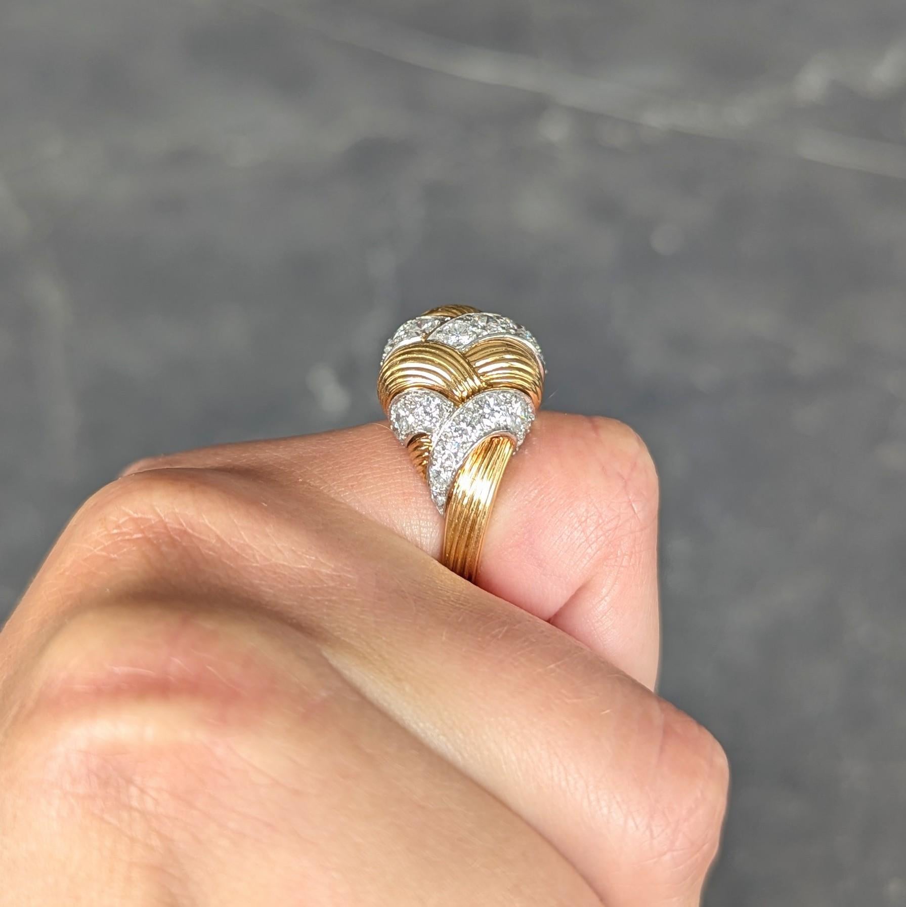 Cartier French 1950's 2.55 CTW Diamond Platinum 18K Gold Vintage Woven Dome Ring
