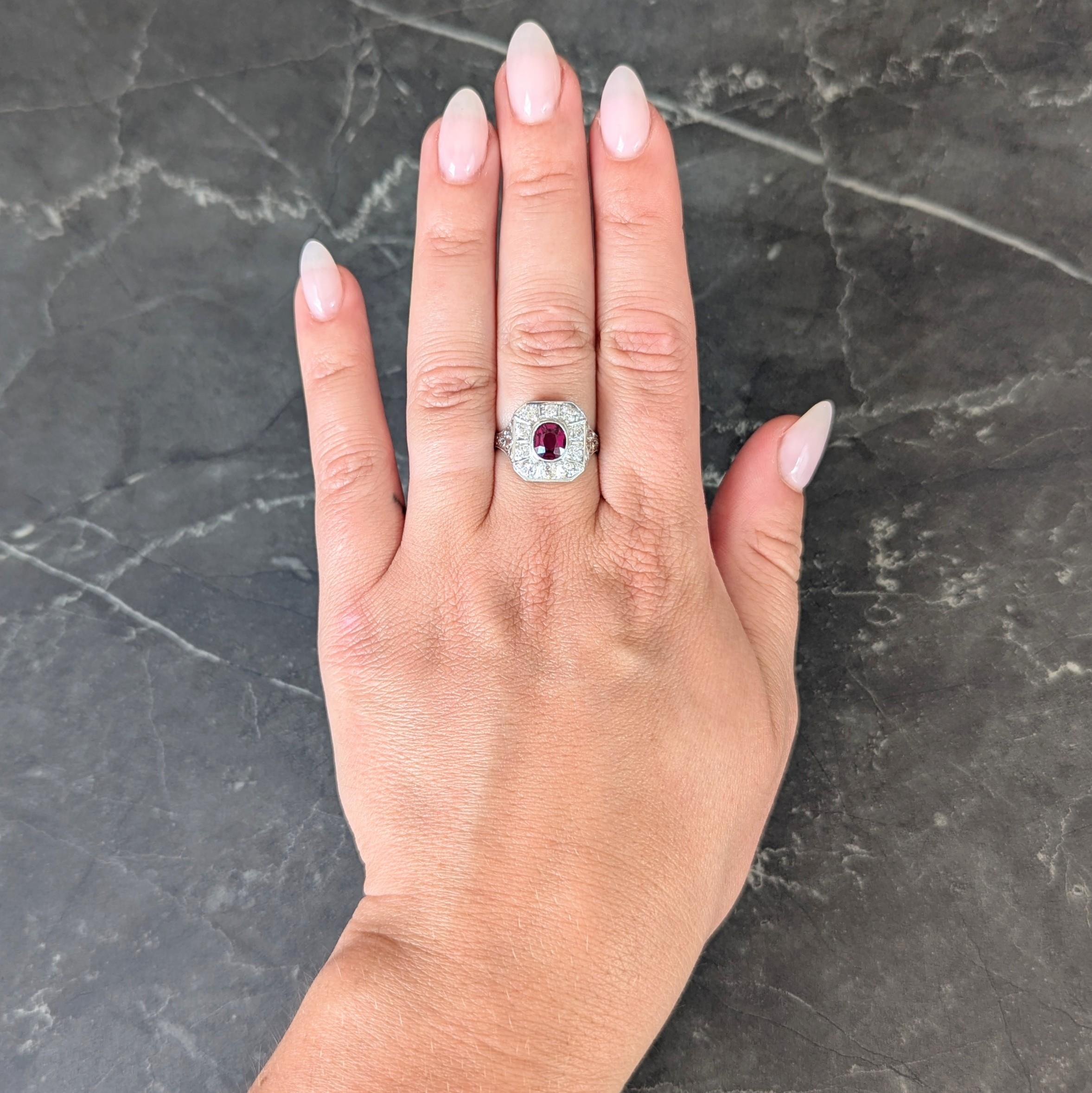 Art Deco 2.18 CTW No Heat Ruby Diamond Platinum Vintage Foliate Halo Ring GIA