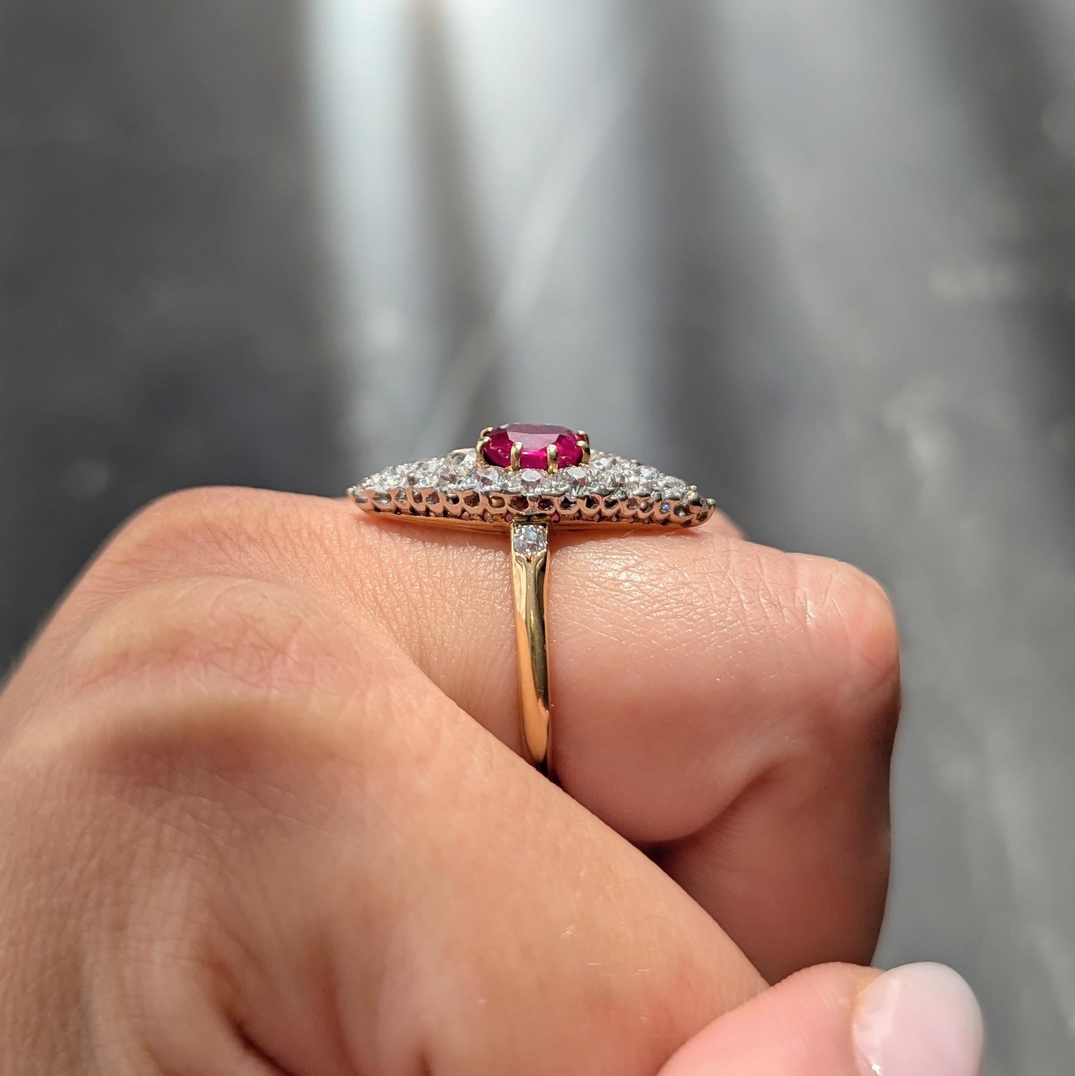 Edwardian Burma Ruby Diamond 18K Yellow Gold Antique Cluster Navette Ring