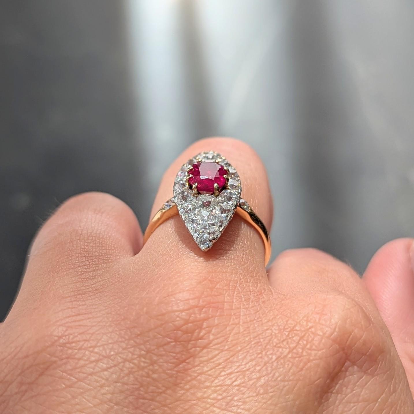 Edwardian Burma Ruby Diamond 18K Yellow Gold Antique Cluster Navette Ring