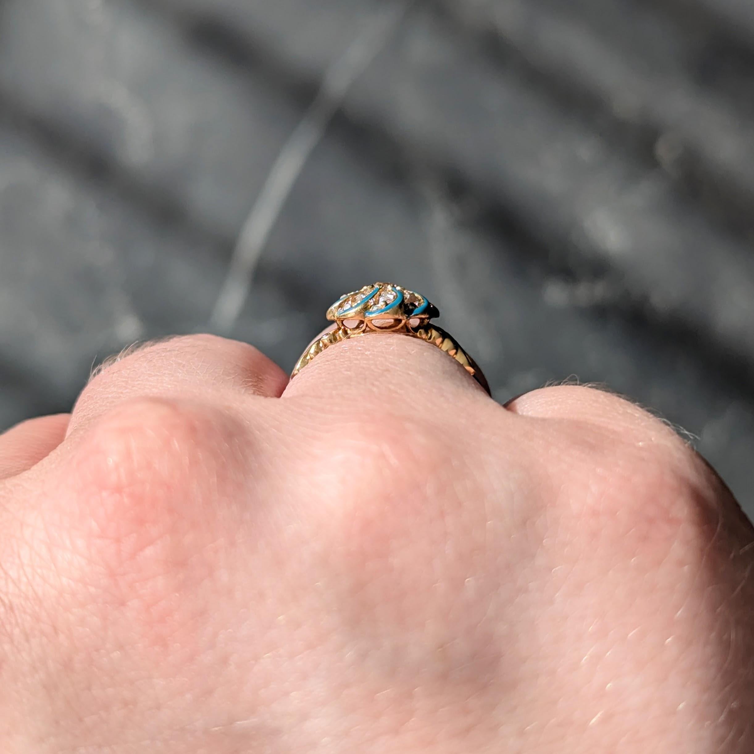 Victorian Diamond Teal Enamel 18K Gold Antique Swirling Floral Cluster Ring