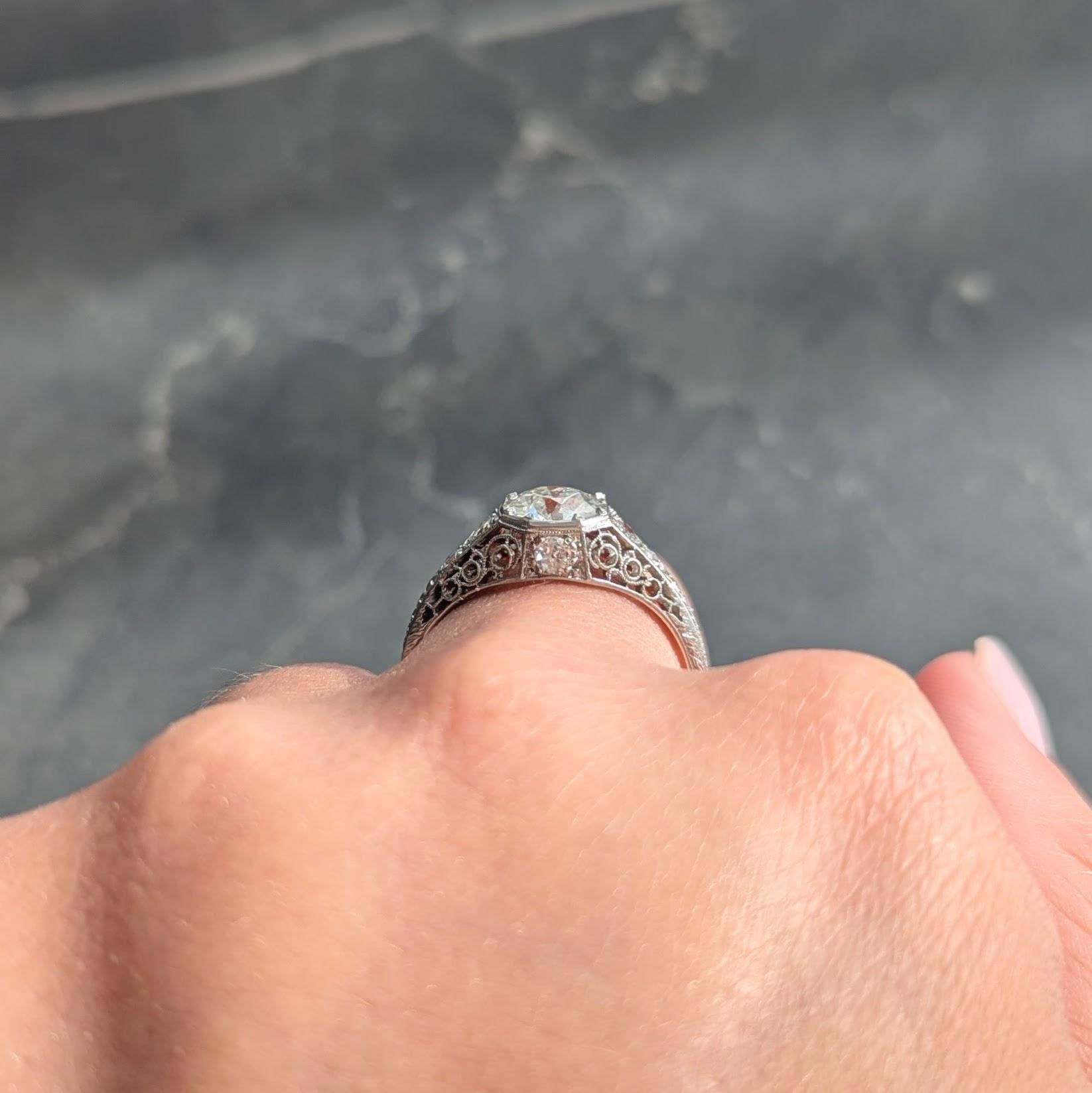 Art Deco Old European Diamond Platinum Antique Scroll Filigree Engagement Ring